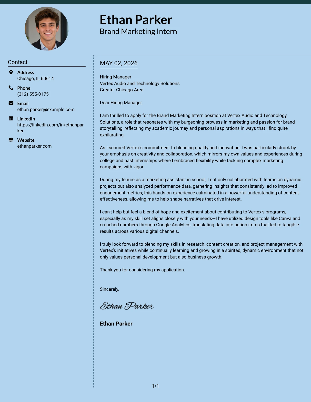 Brand Marketing Intern Cover Letter Example Modern Full Background Two Column Format