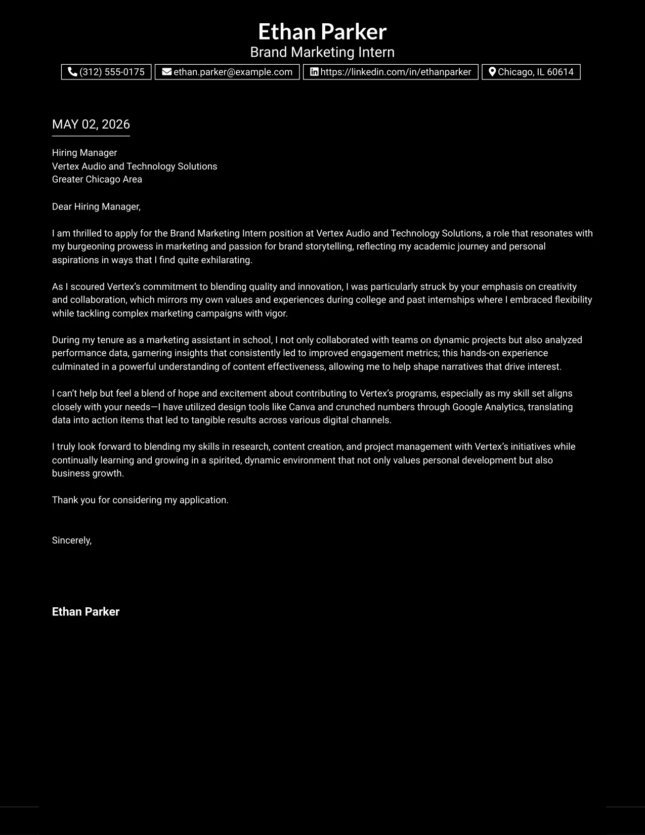 Brand Marketing Intern Cover Letter Example Dark Mode Box Header Format