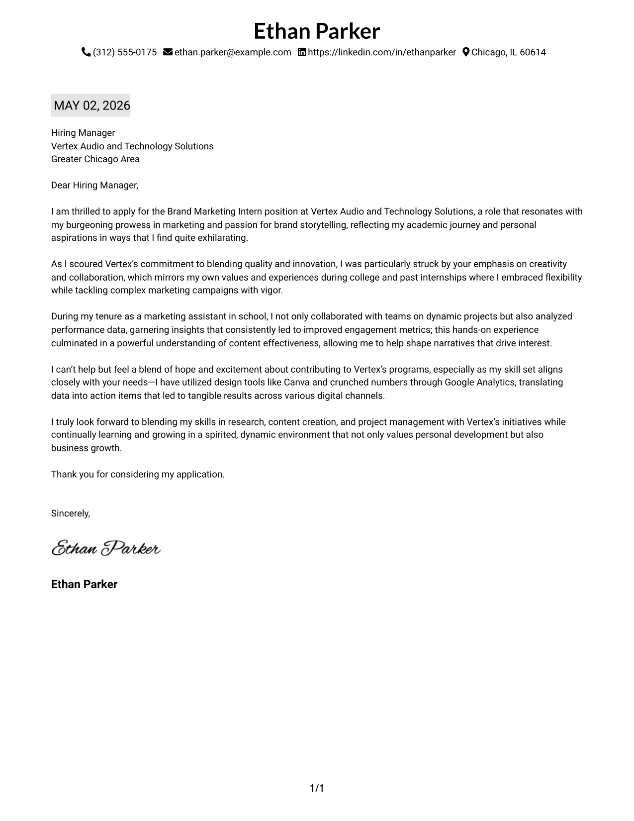 Brand Marketing Intern Cover Letter Example Plain One Column with Highlighted Date