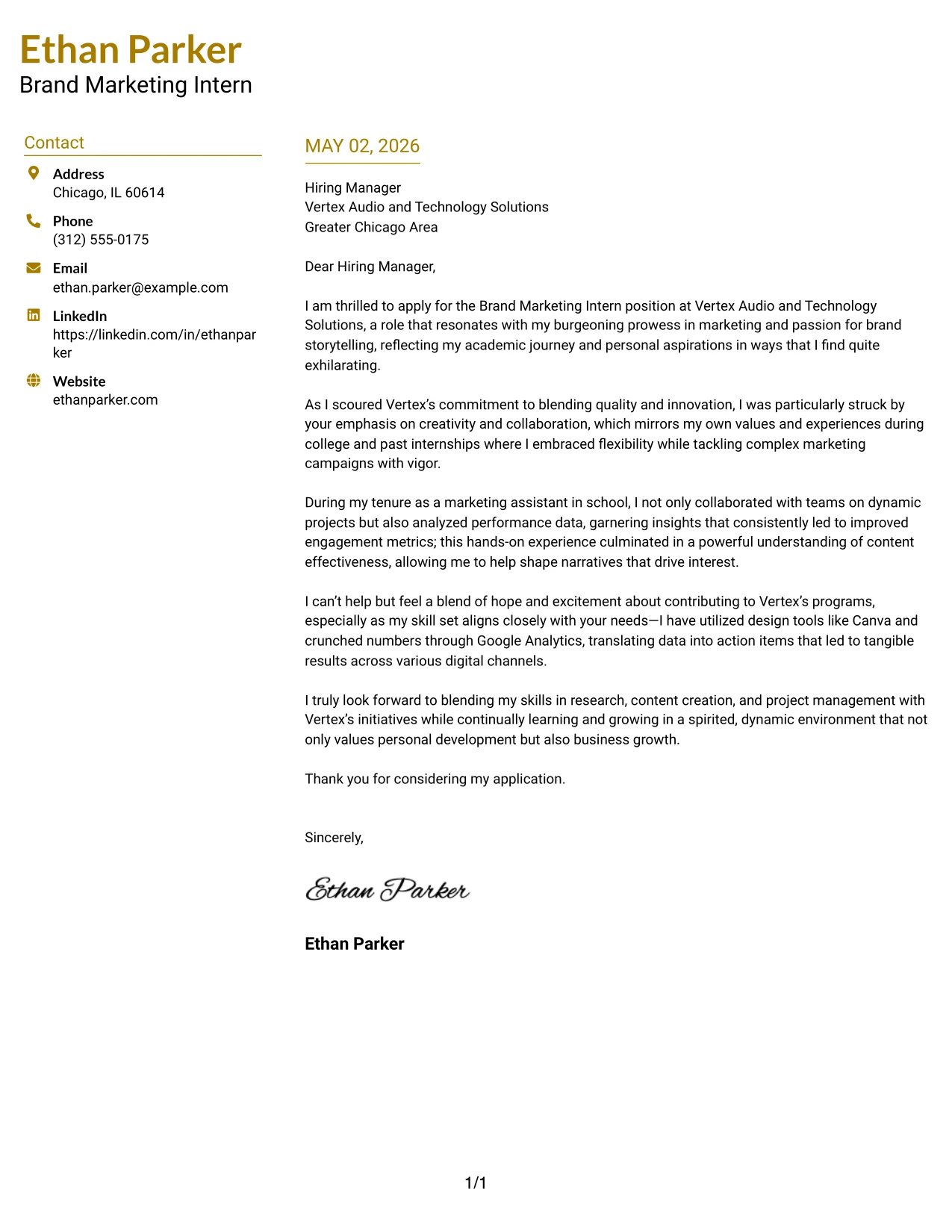 Brand Marketing Intern Cover Letter Example Top Left Header Color Accent Format
