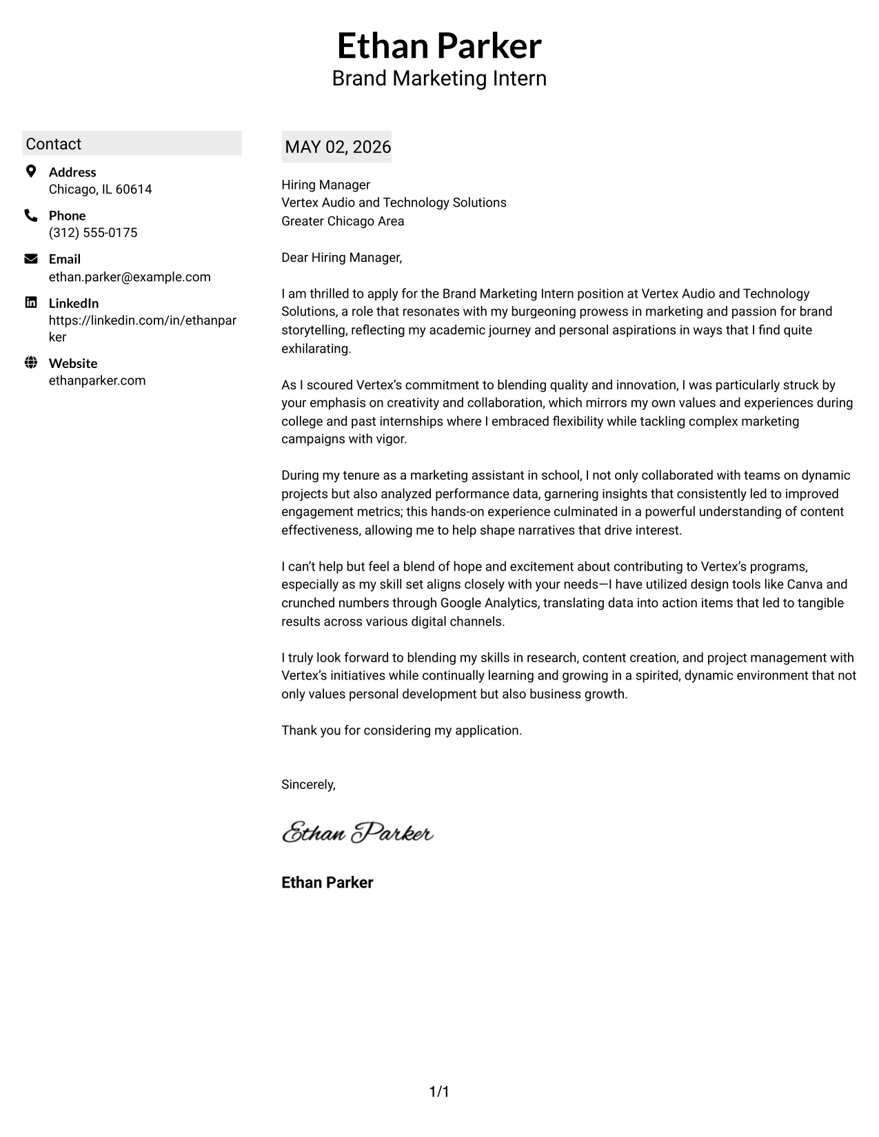 Brand Marketing Internship Cover Letter Example Shaded Labels Clean Two Column Format
