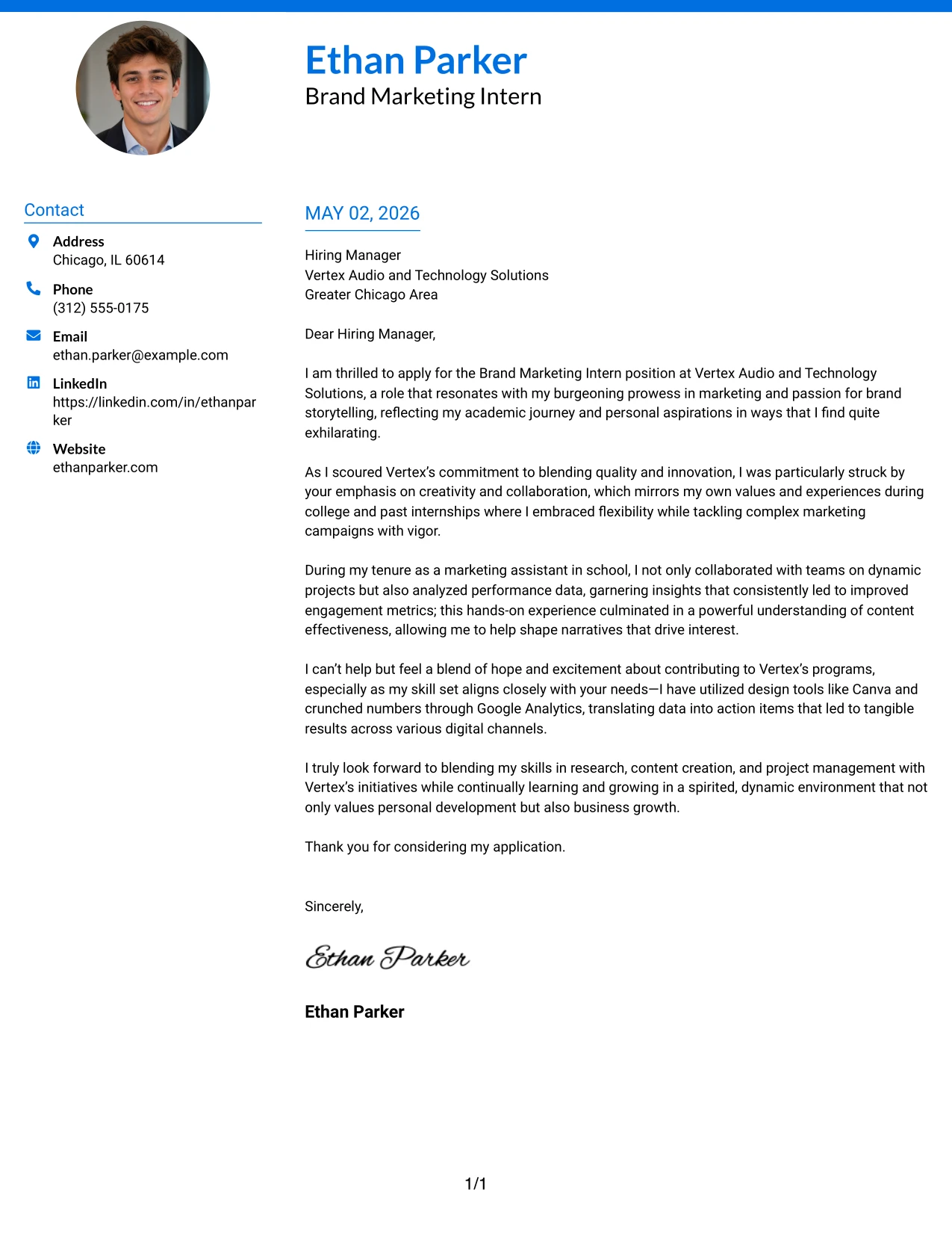 Brand Marketing Internship Cover Letter Example Photo Header Color Accent International Format