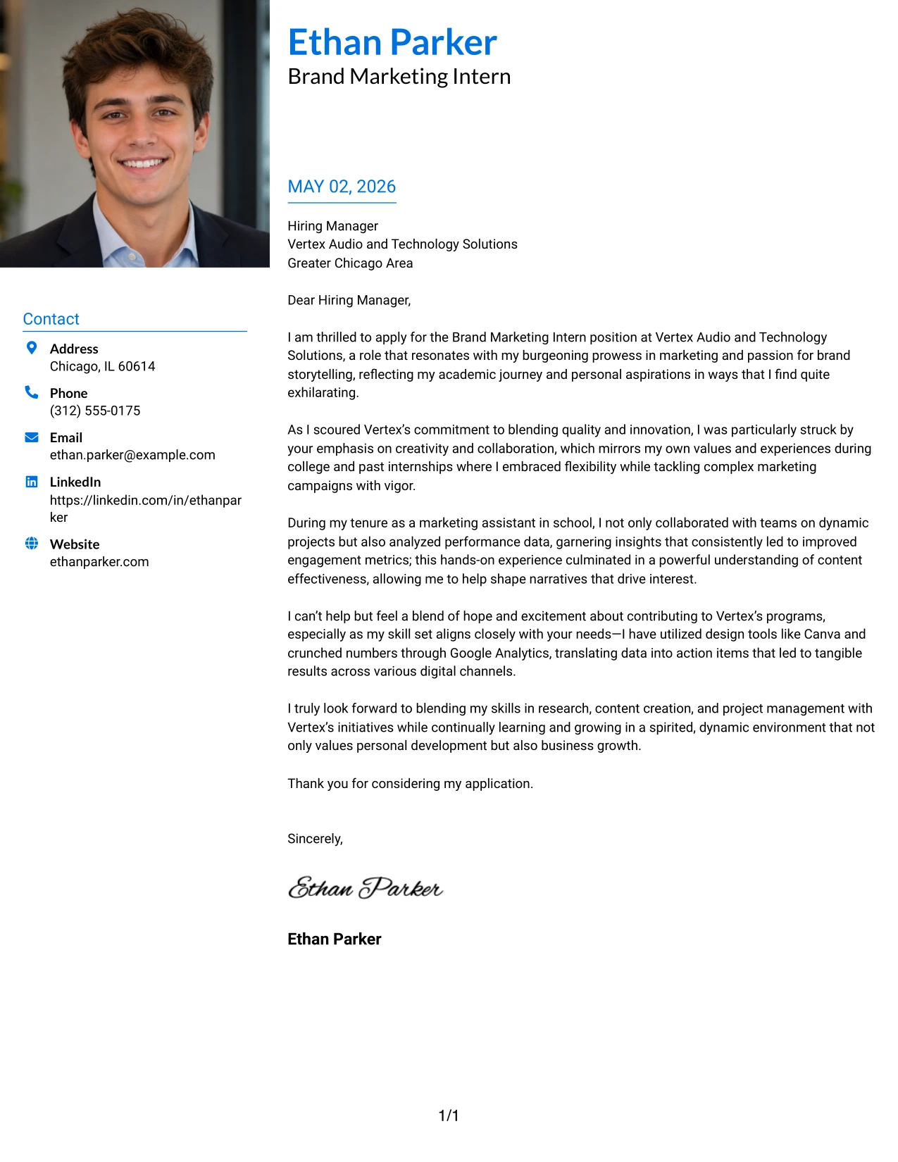Brand Marketing Internship Cover Letter Example Large Profile Photo International Two Column Format