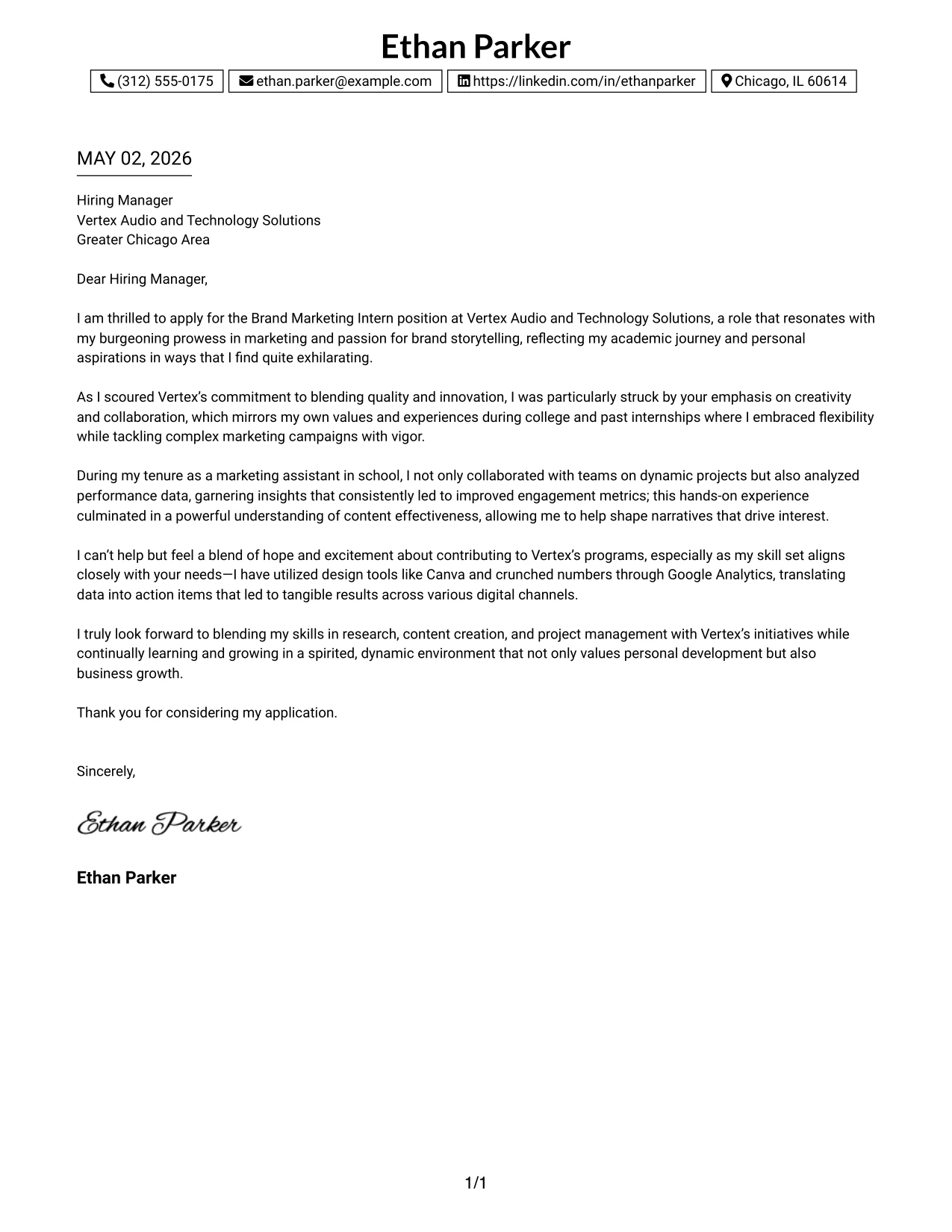 Brand Marketing Internship Cover Letter Example One Column Boxed Contact Header Format