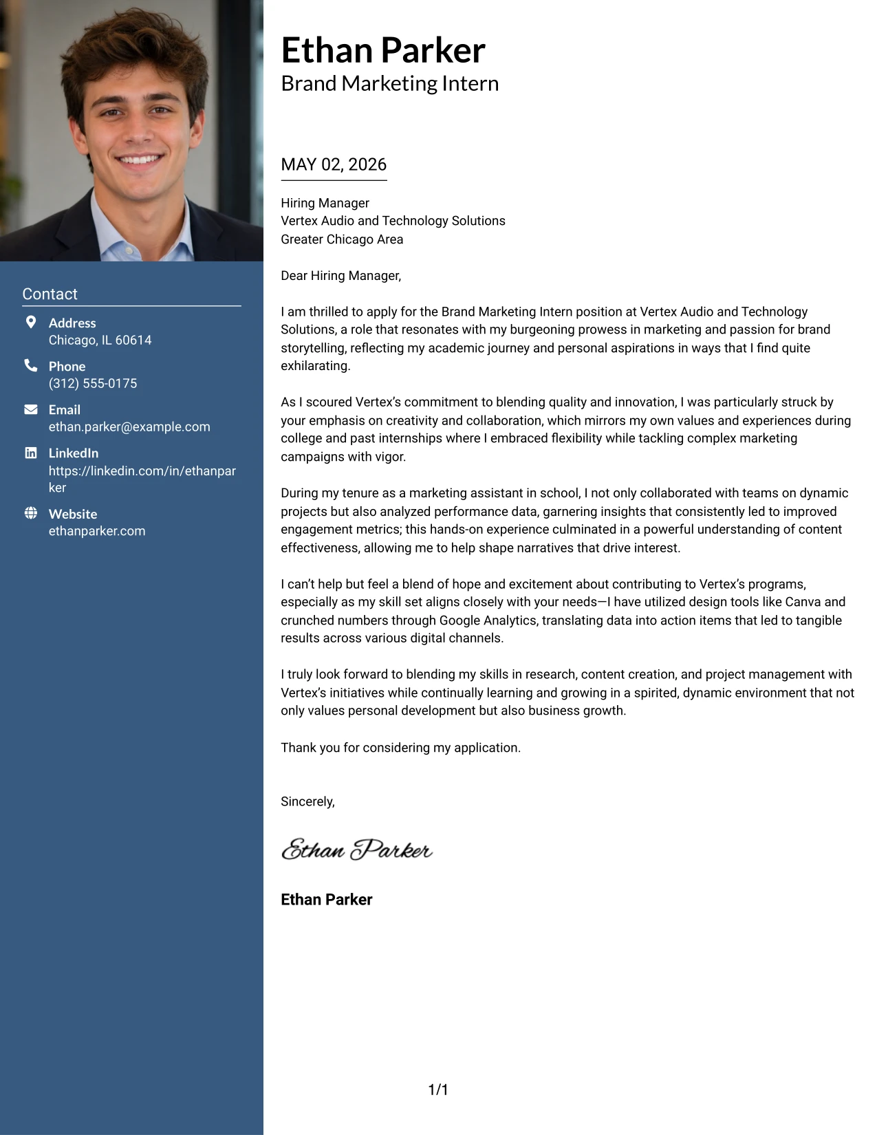 Brand Marketing Intern Cover Letter Example with Photo Header