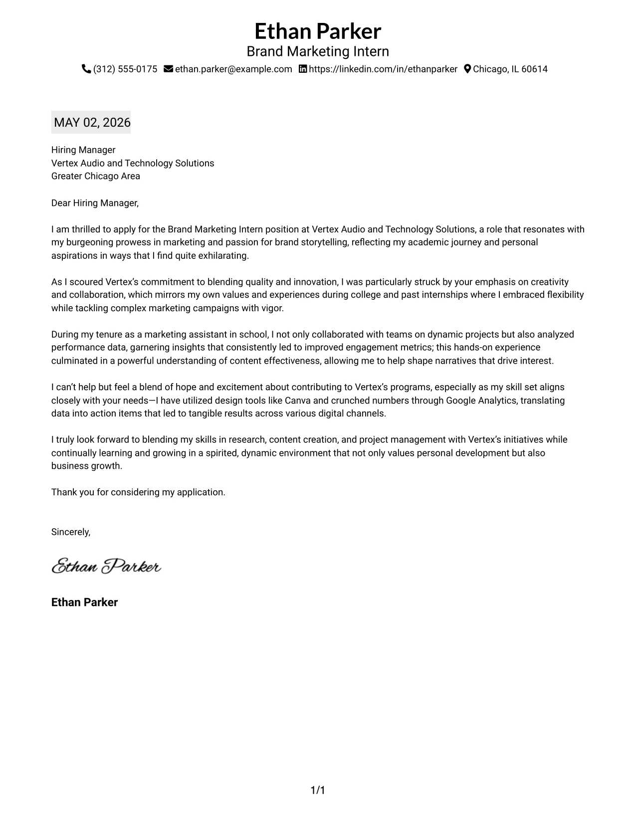 Brand Marketing Internship Cover Letter Example Plain Professional Layout with Job Title and Shaded Date