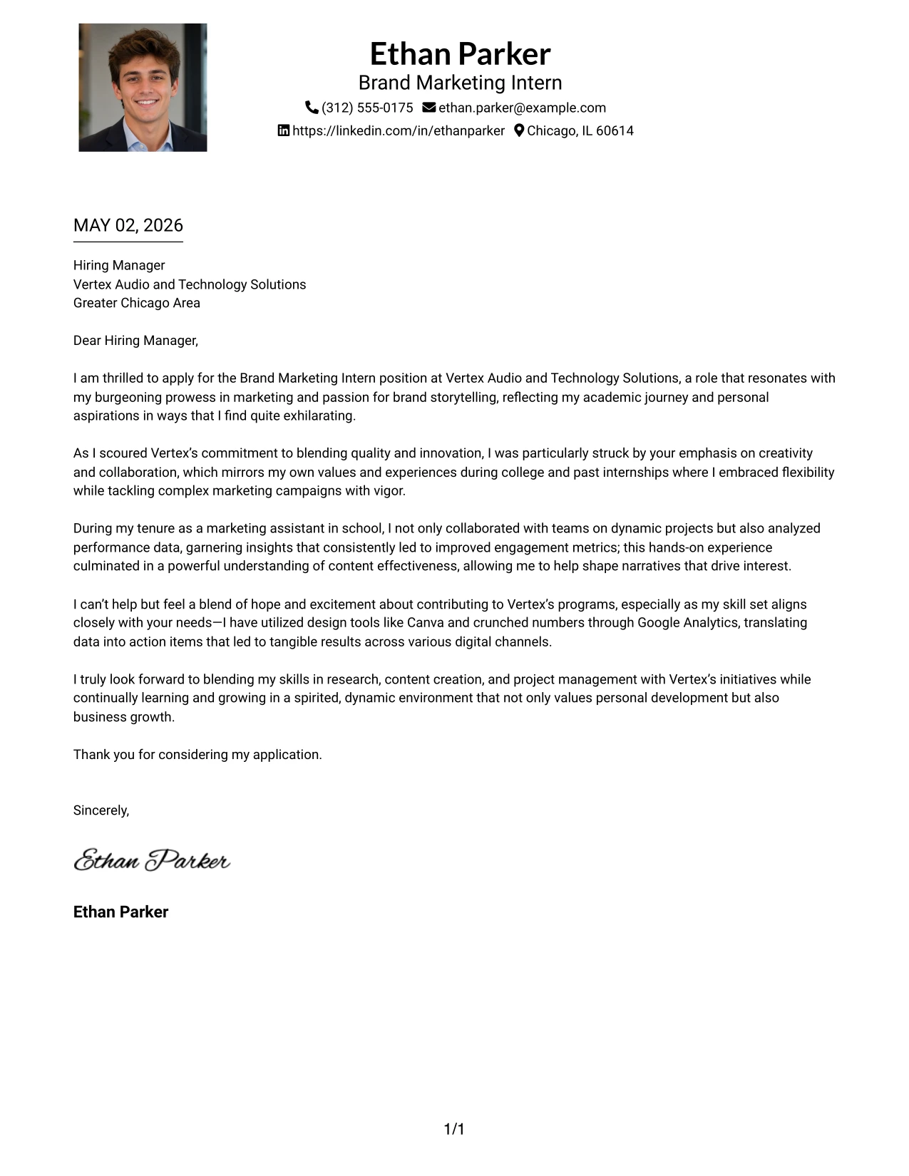 Brand Marketing Intern Cover Letter Example One Column Format with Photo
