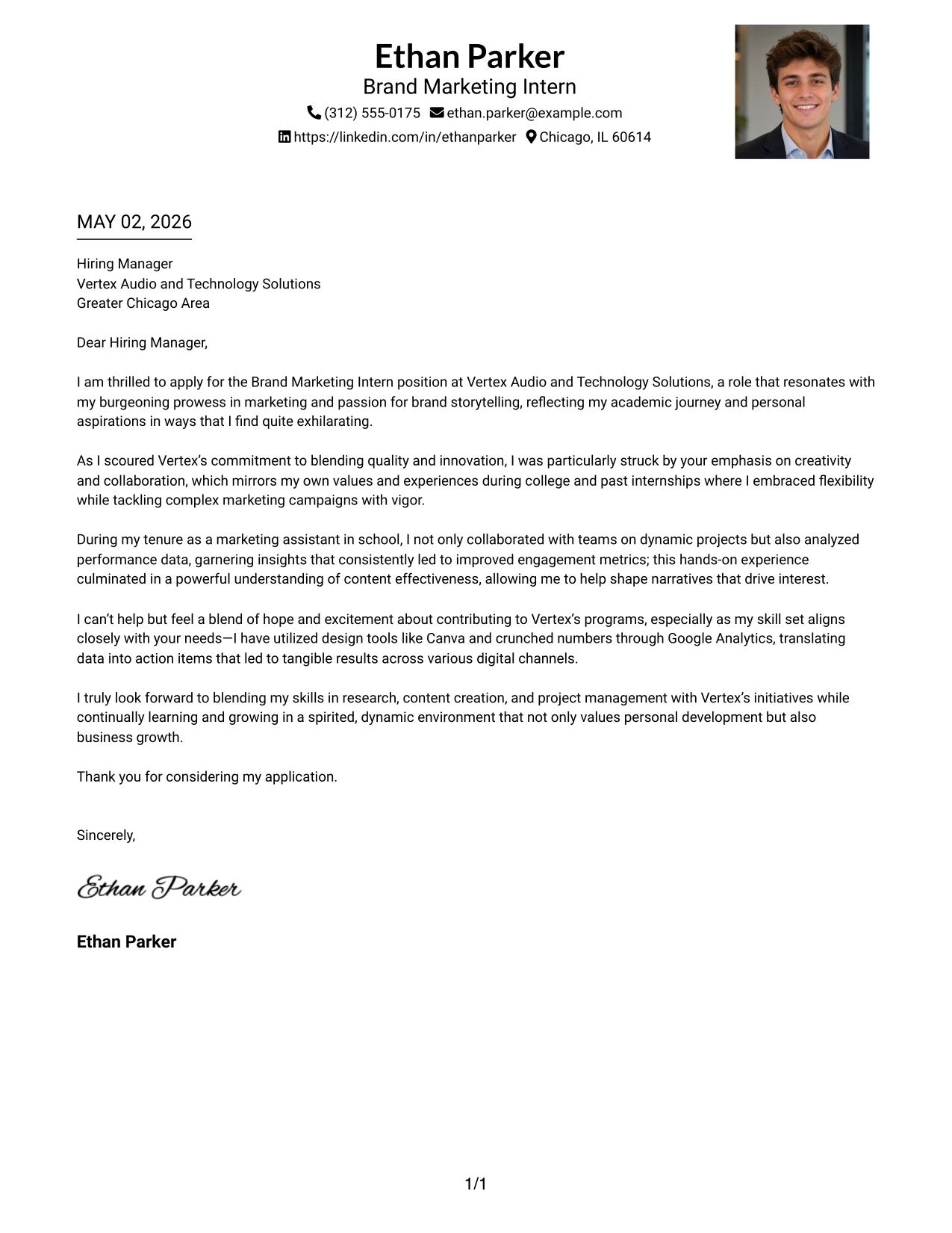 Brand Marketing Intern Cover Letter Example One Column Format with Photo Right