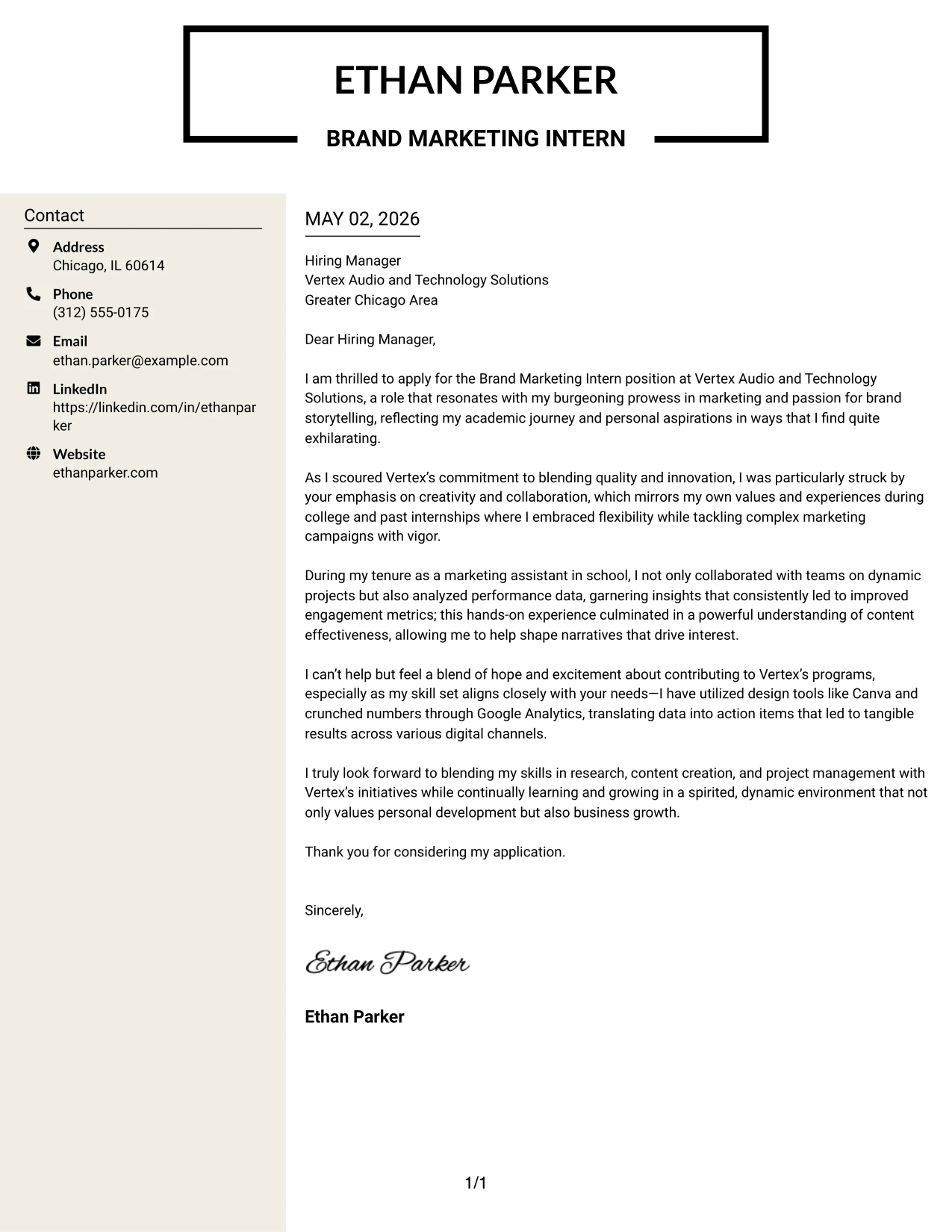 Brand Marketing Intern Cover Letter Example Stylish Two Column Designer Format