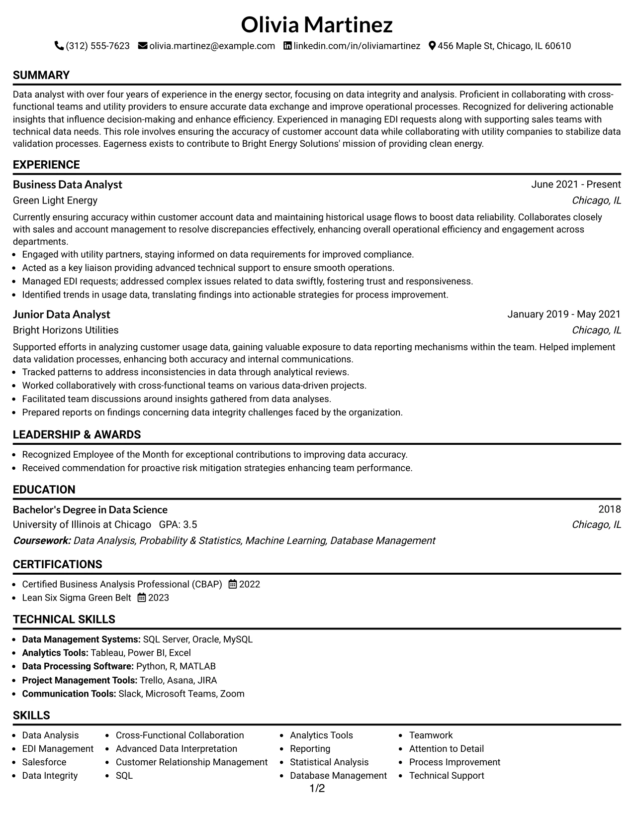 Resume Example Page 1