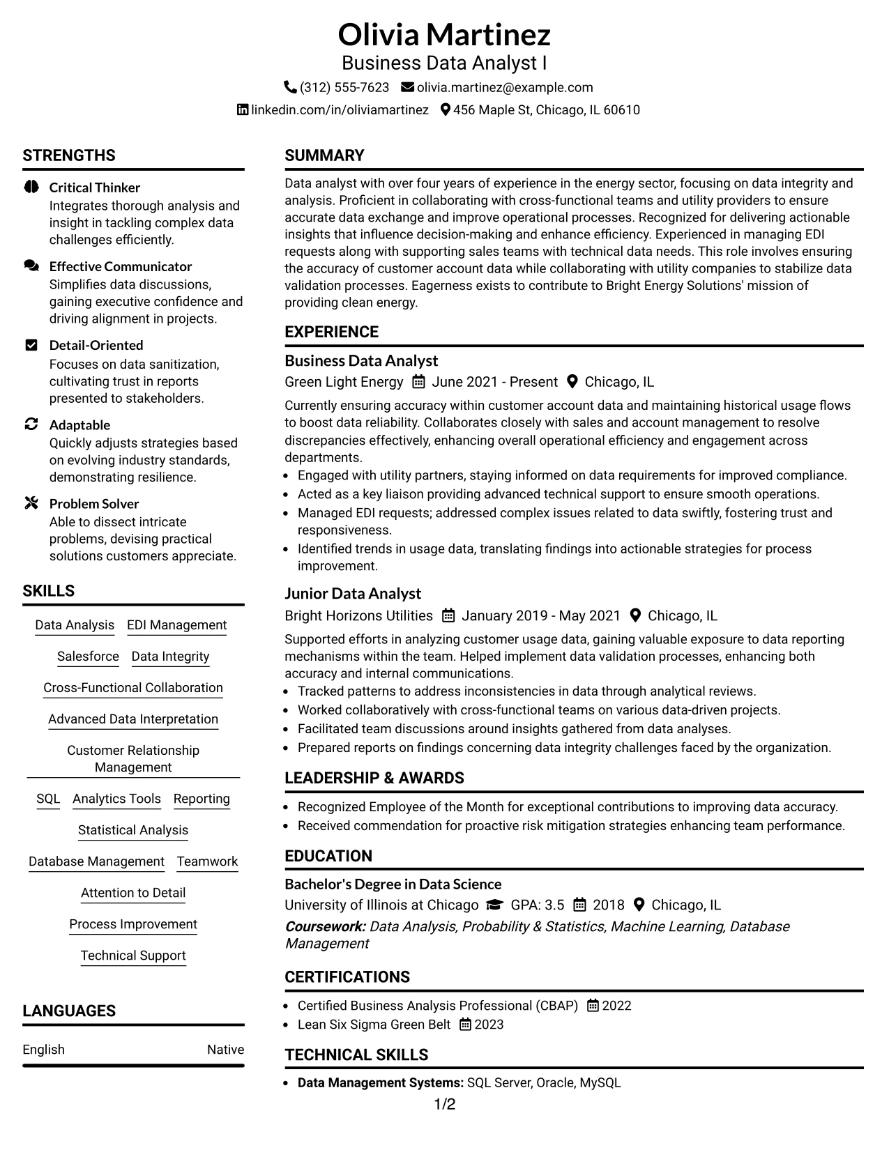 Resume Example Page 1