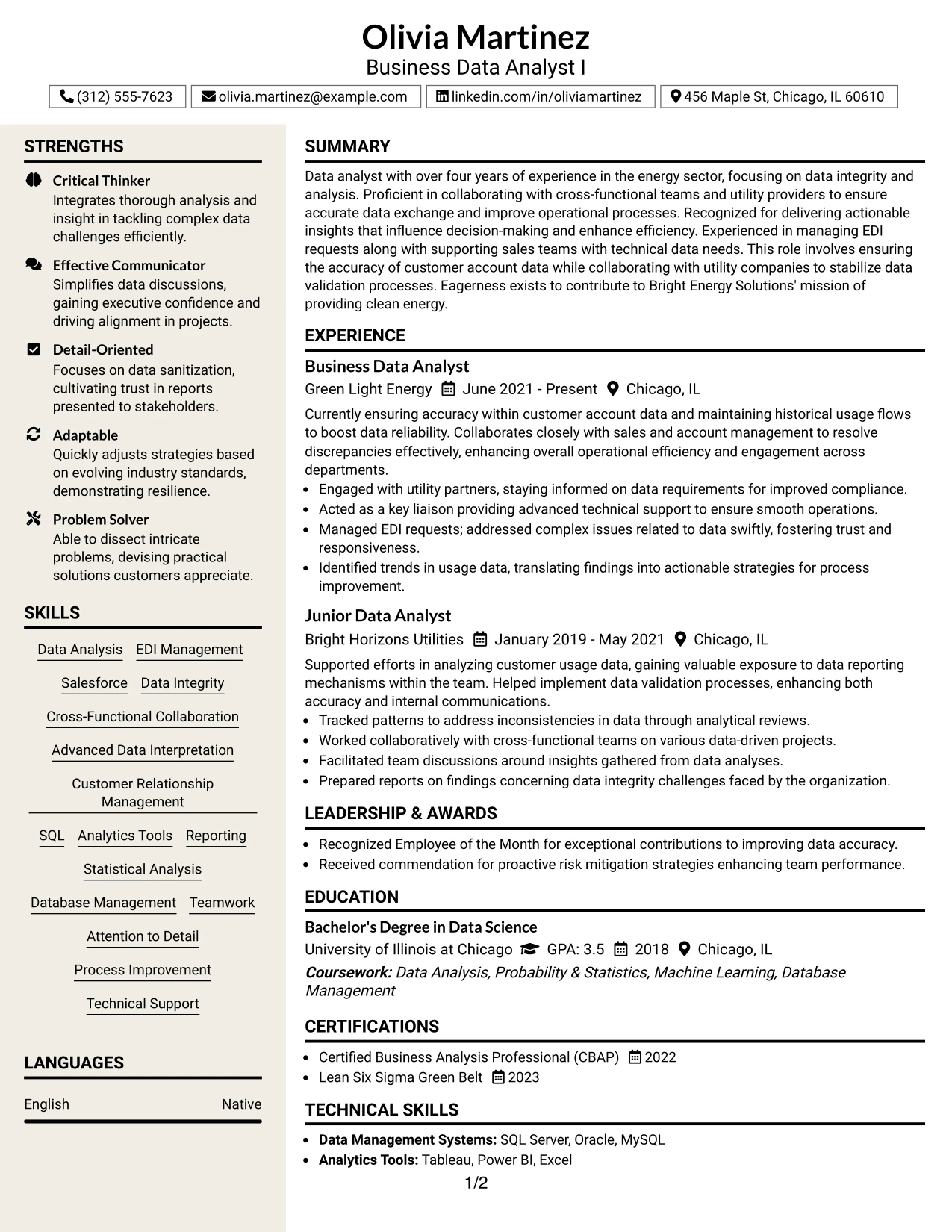Resume Example Page 1