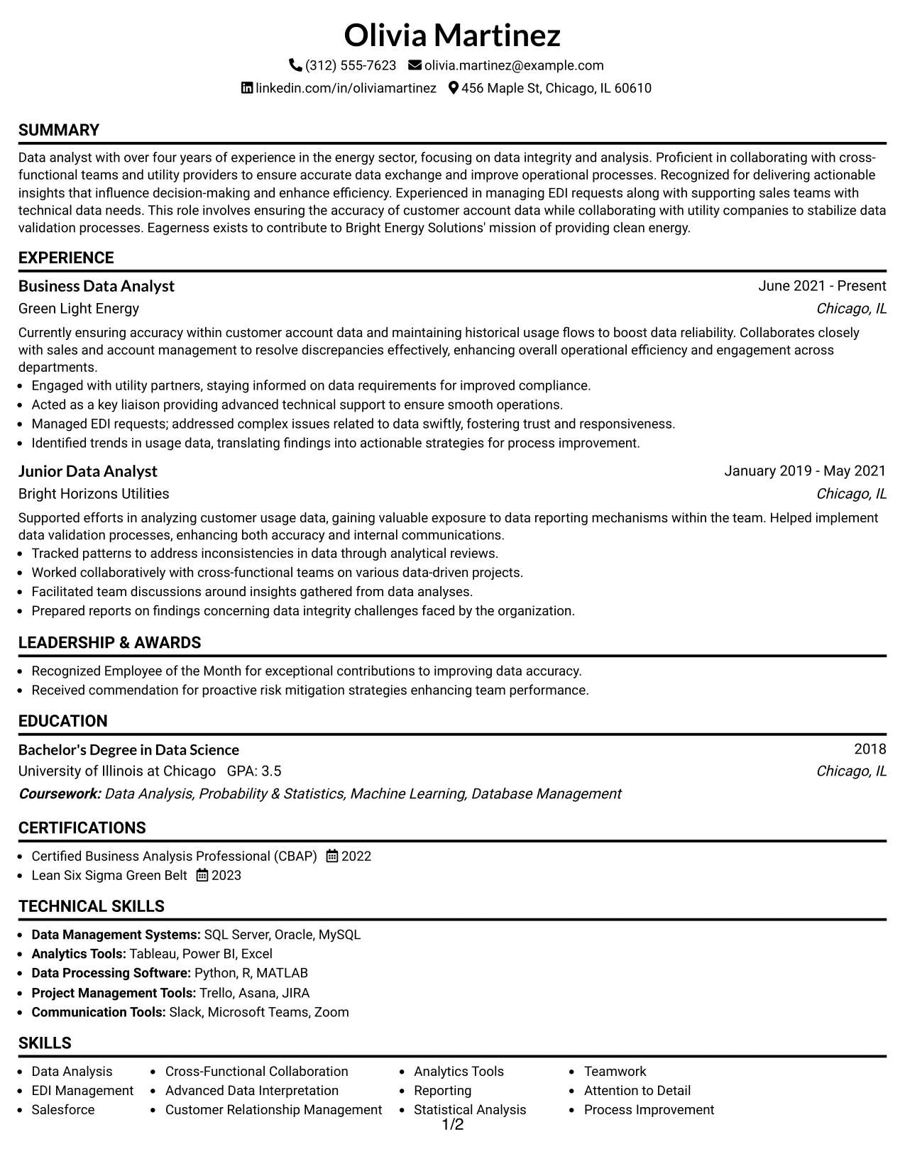 Resume Example Page 1