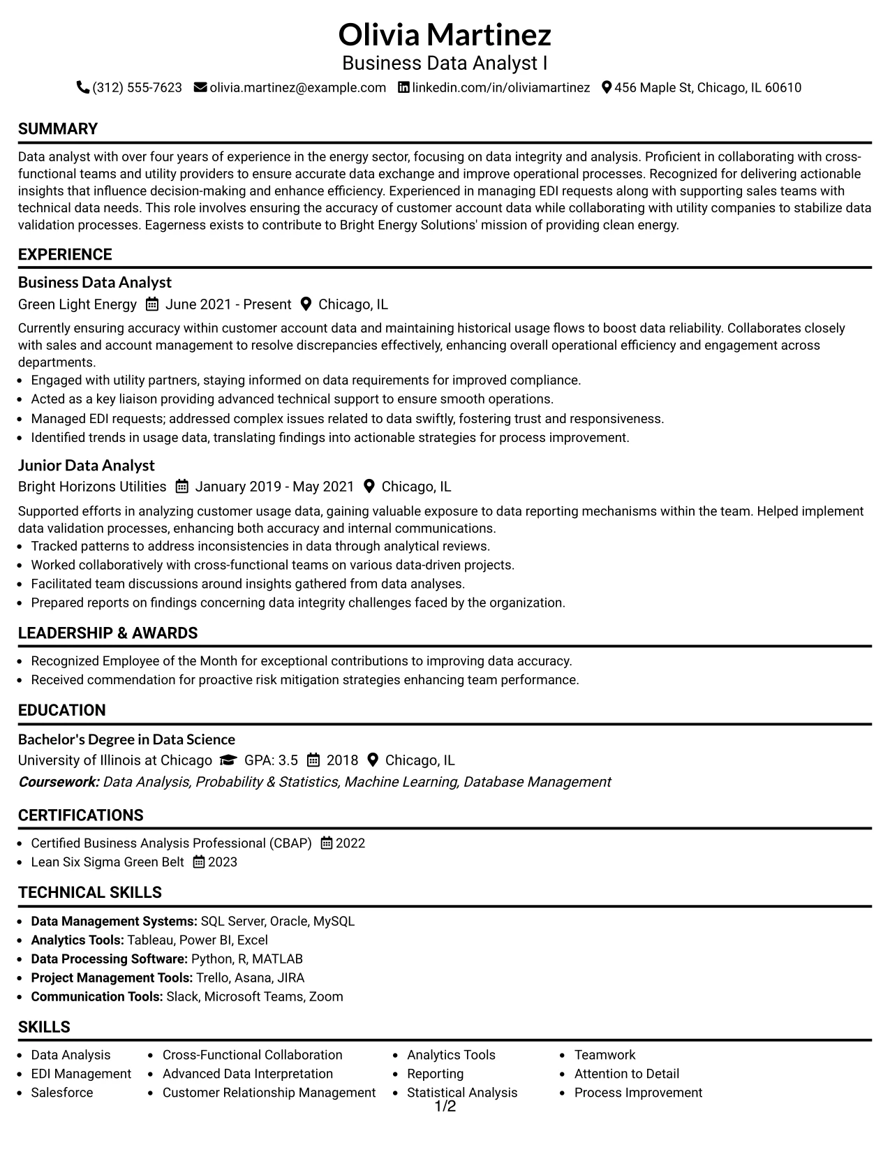 Resume Example Page 1