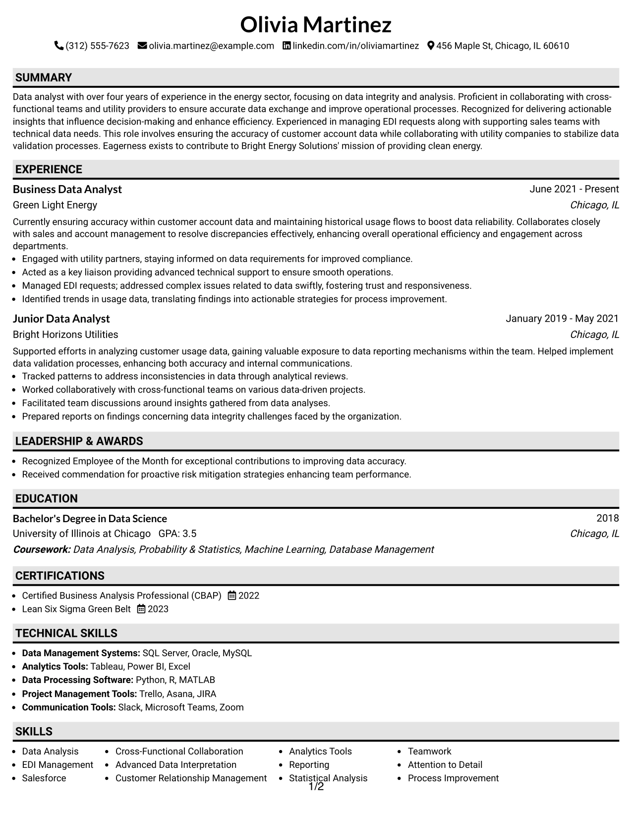 Resume Example Page 1