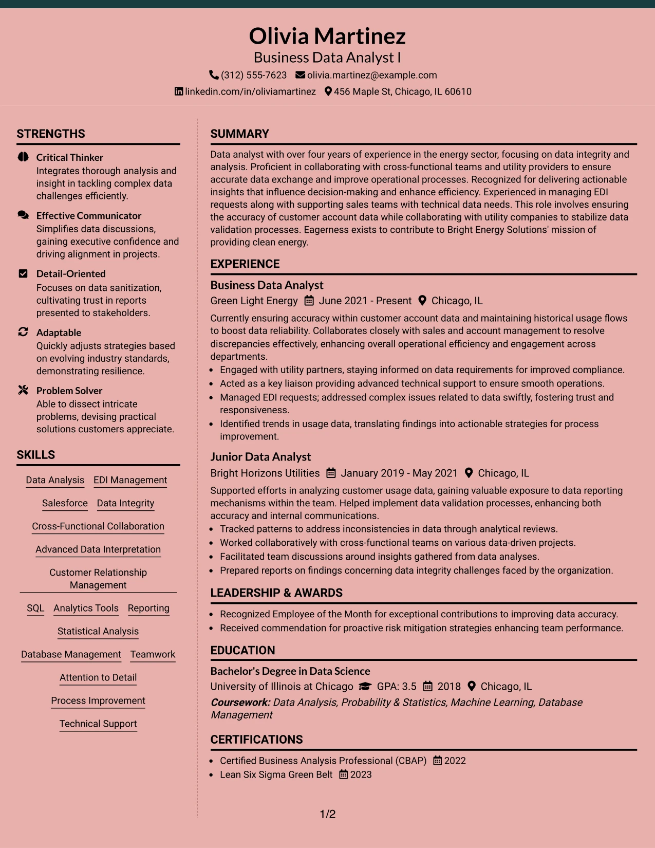 Resume Example Page 1