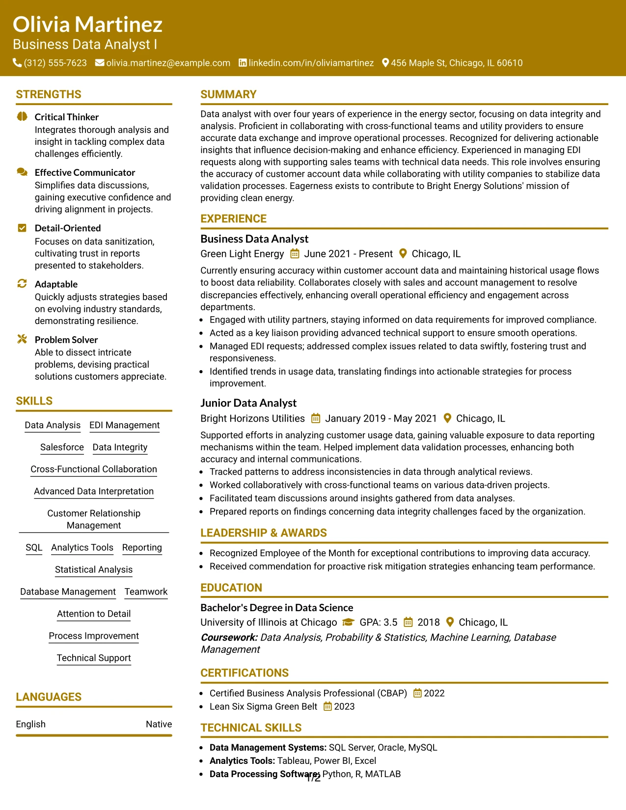 Resume Example Page 1