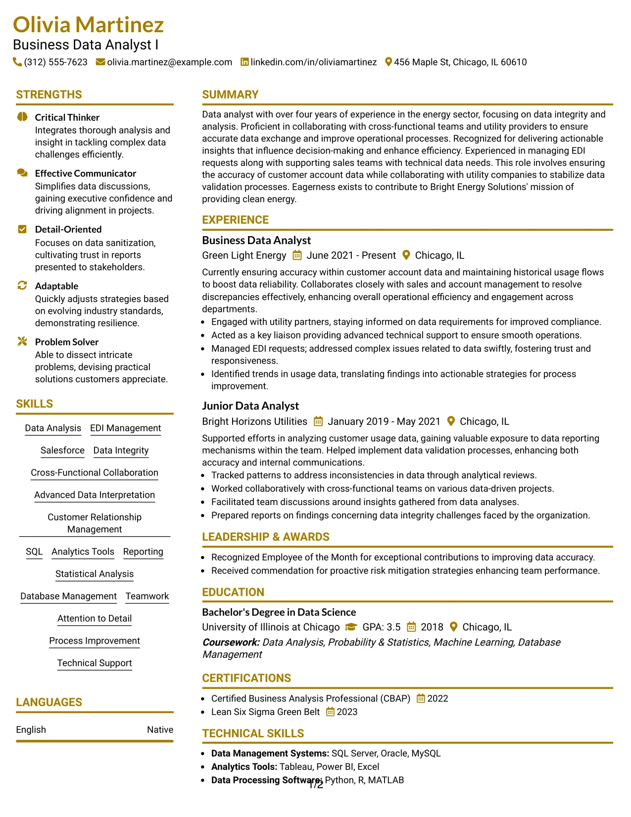 Resume Example Page 1