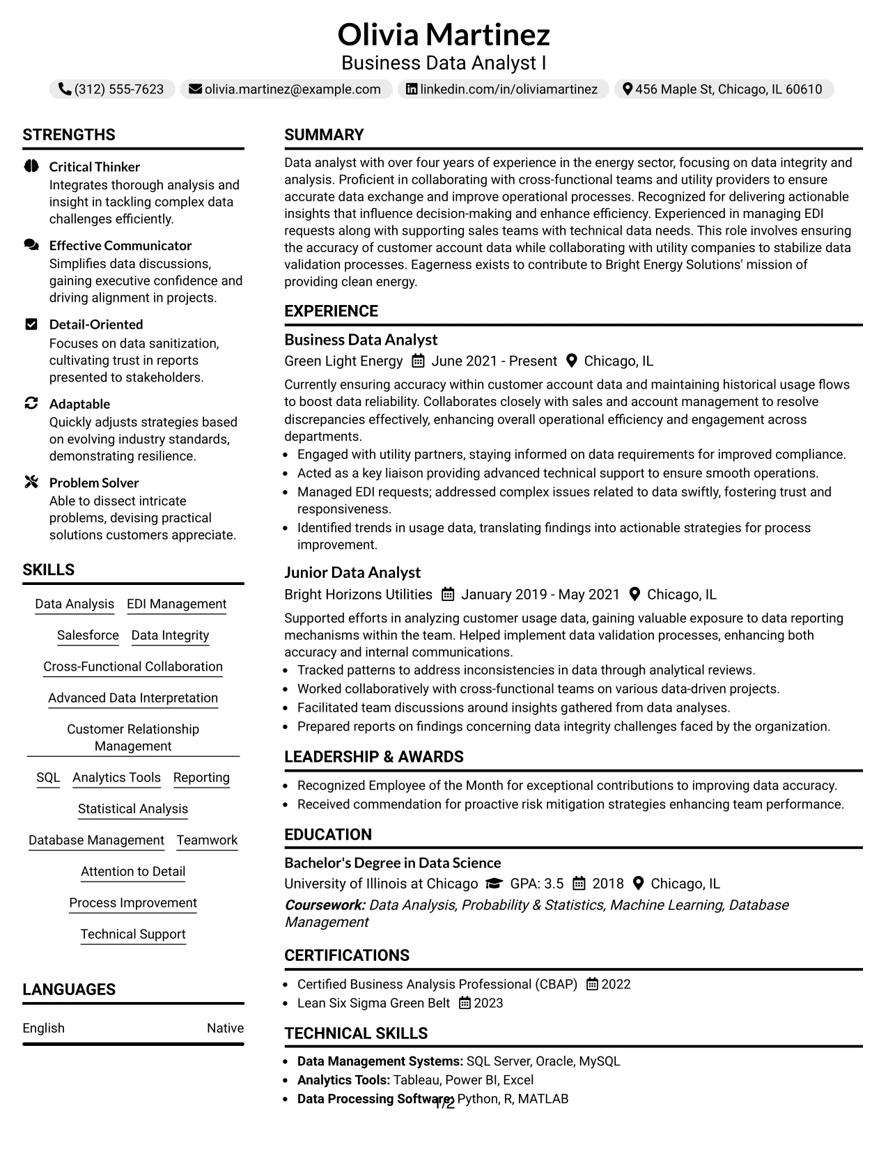 Resume Example Page 1