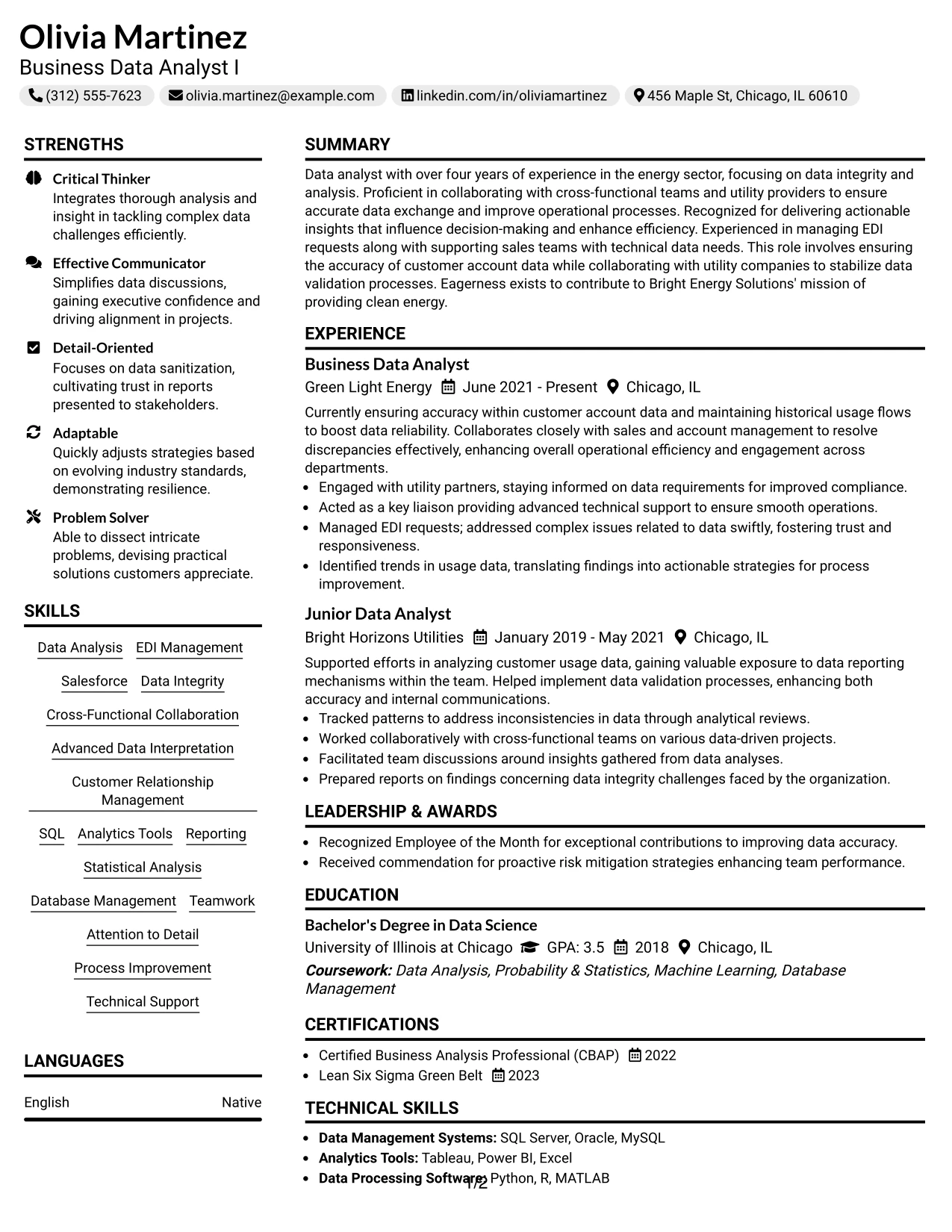 Resume Example Page 1