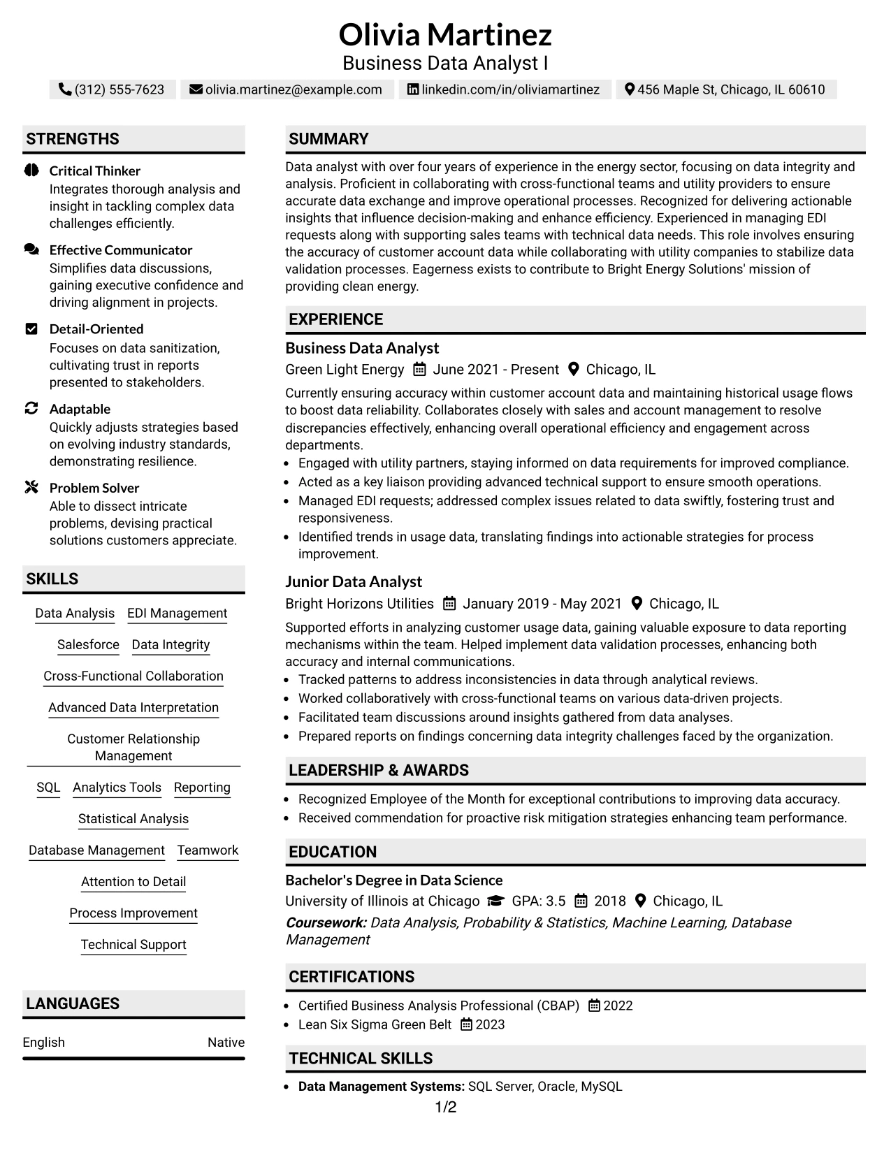 Resume Example Page 1