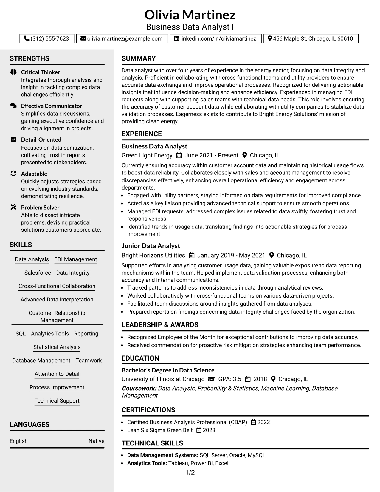 Resume Example Page 1