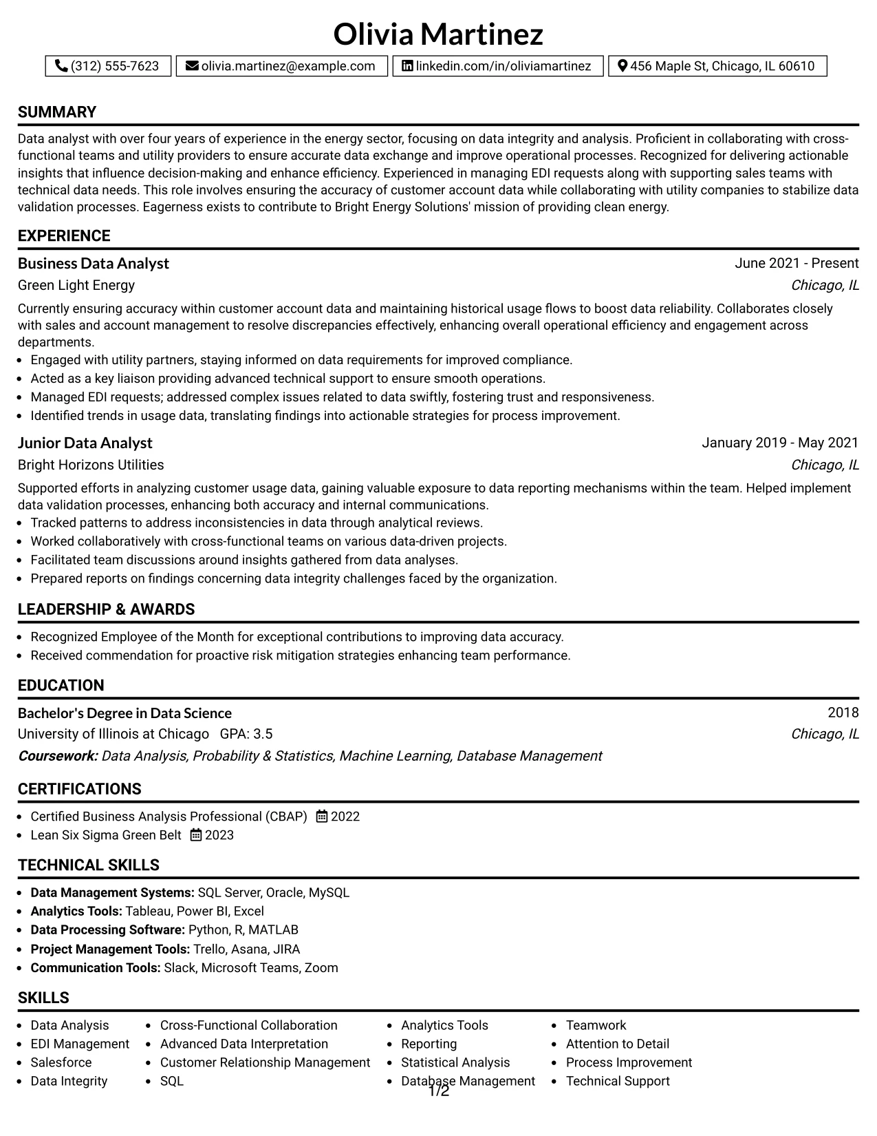 Resume Example Page 1