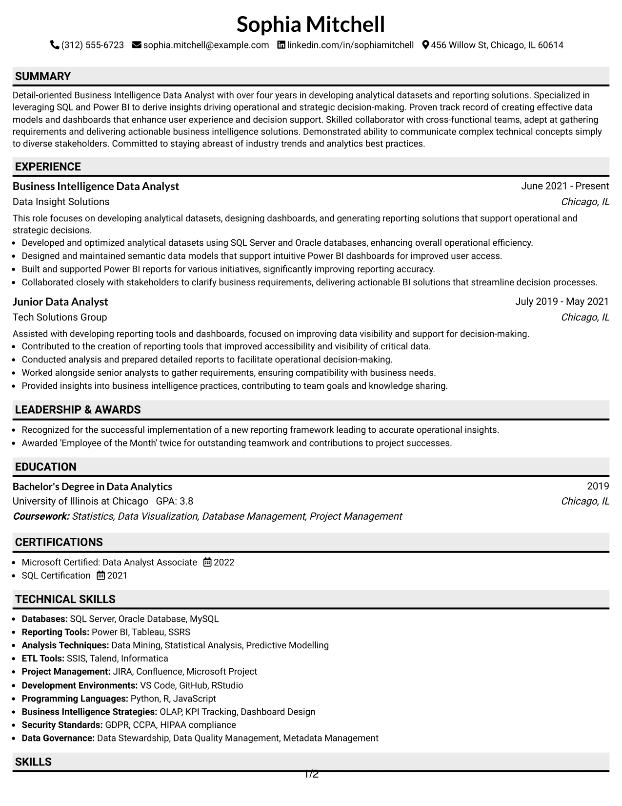 Resume Example Page 1
