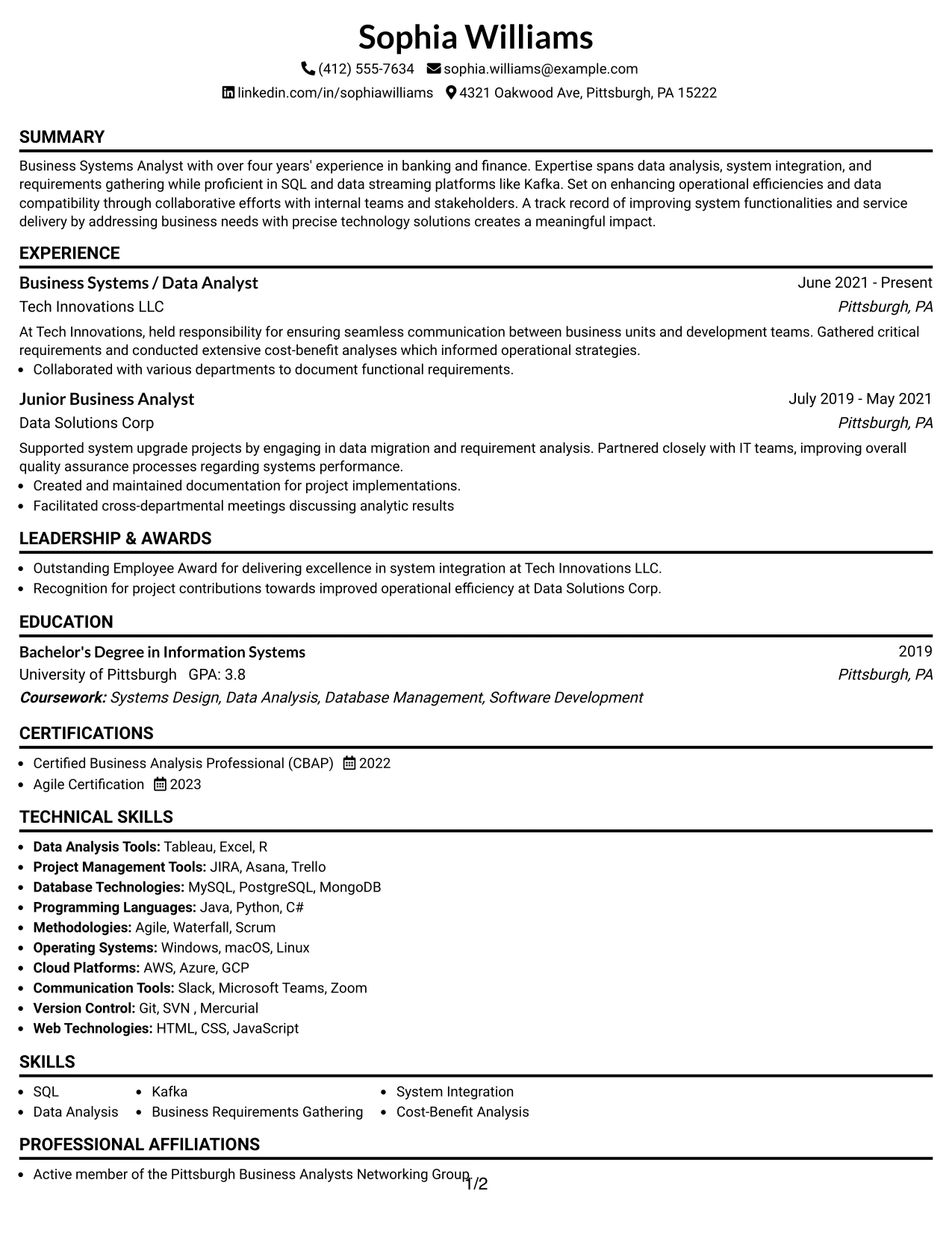 Resume Example Page 1