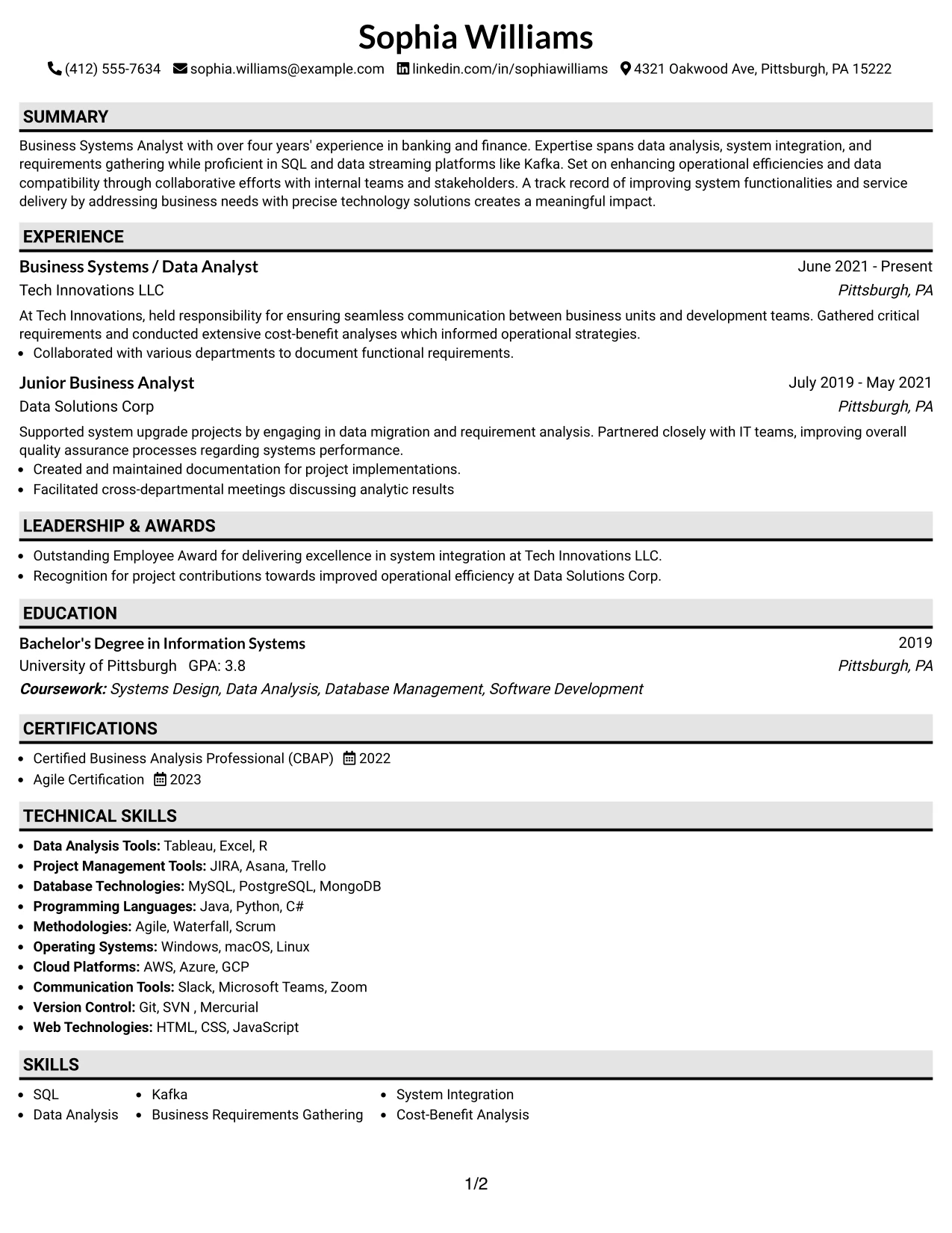 Resume Example Page 1