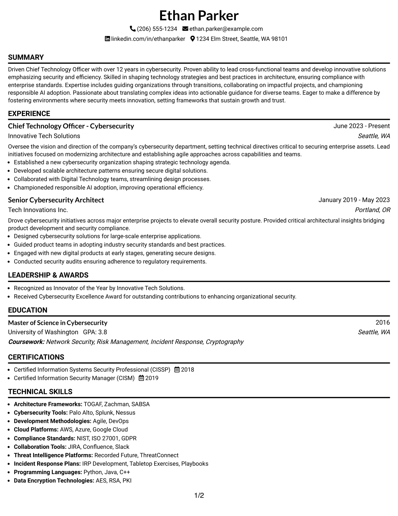 Resume Example Page 1
