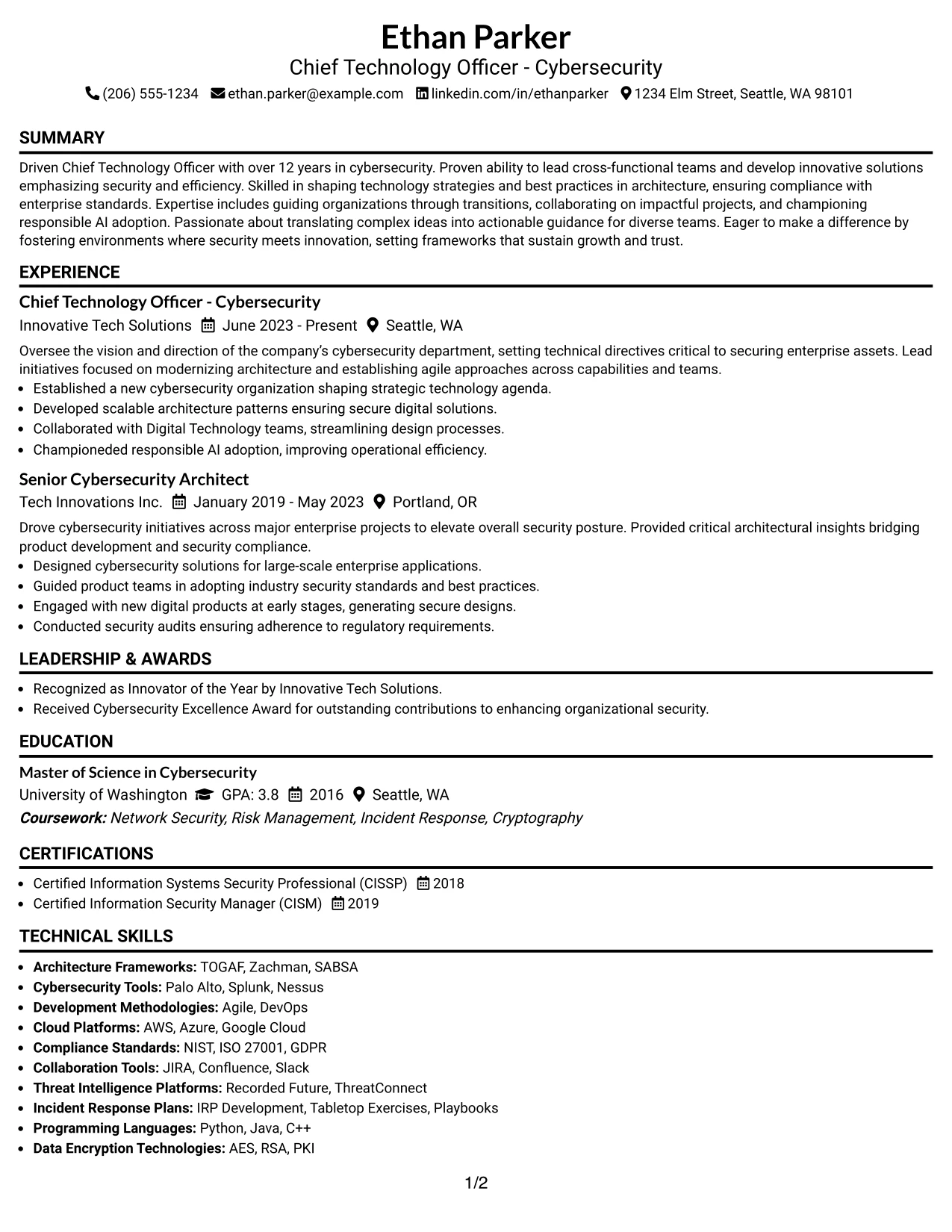 Resume Example Page 1