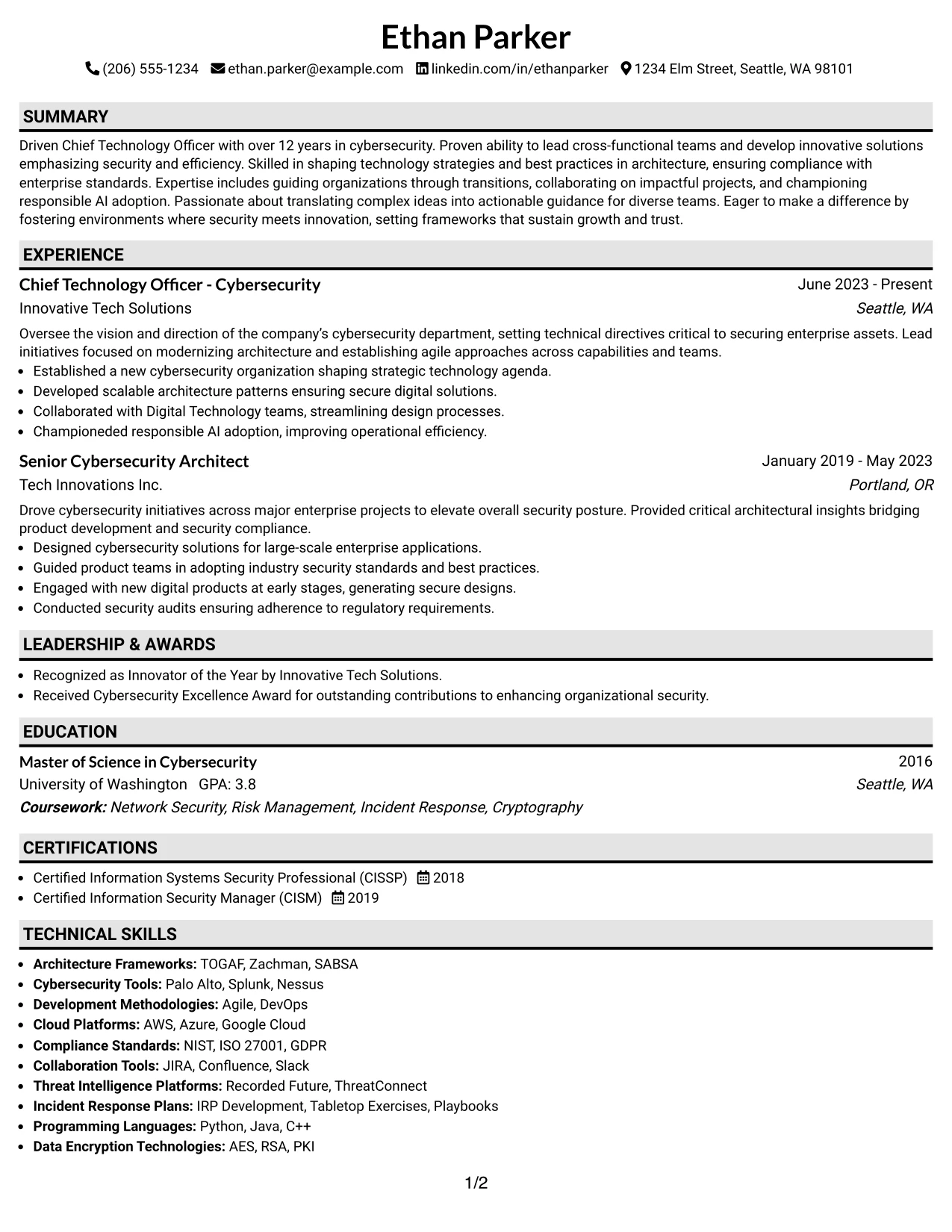 Resume Example Page 1