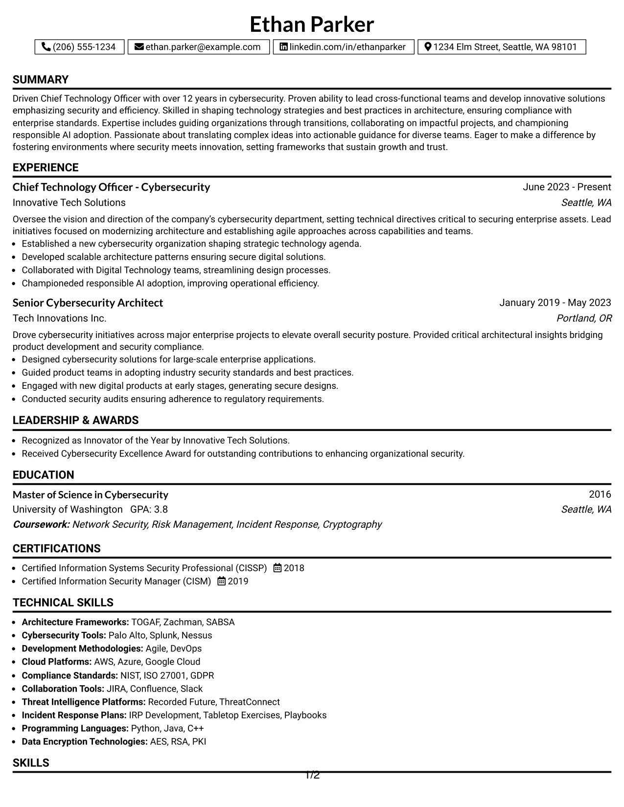 Resume Example Page 1