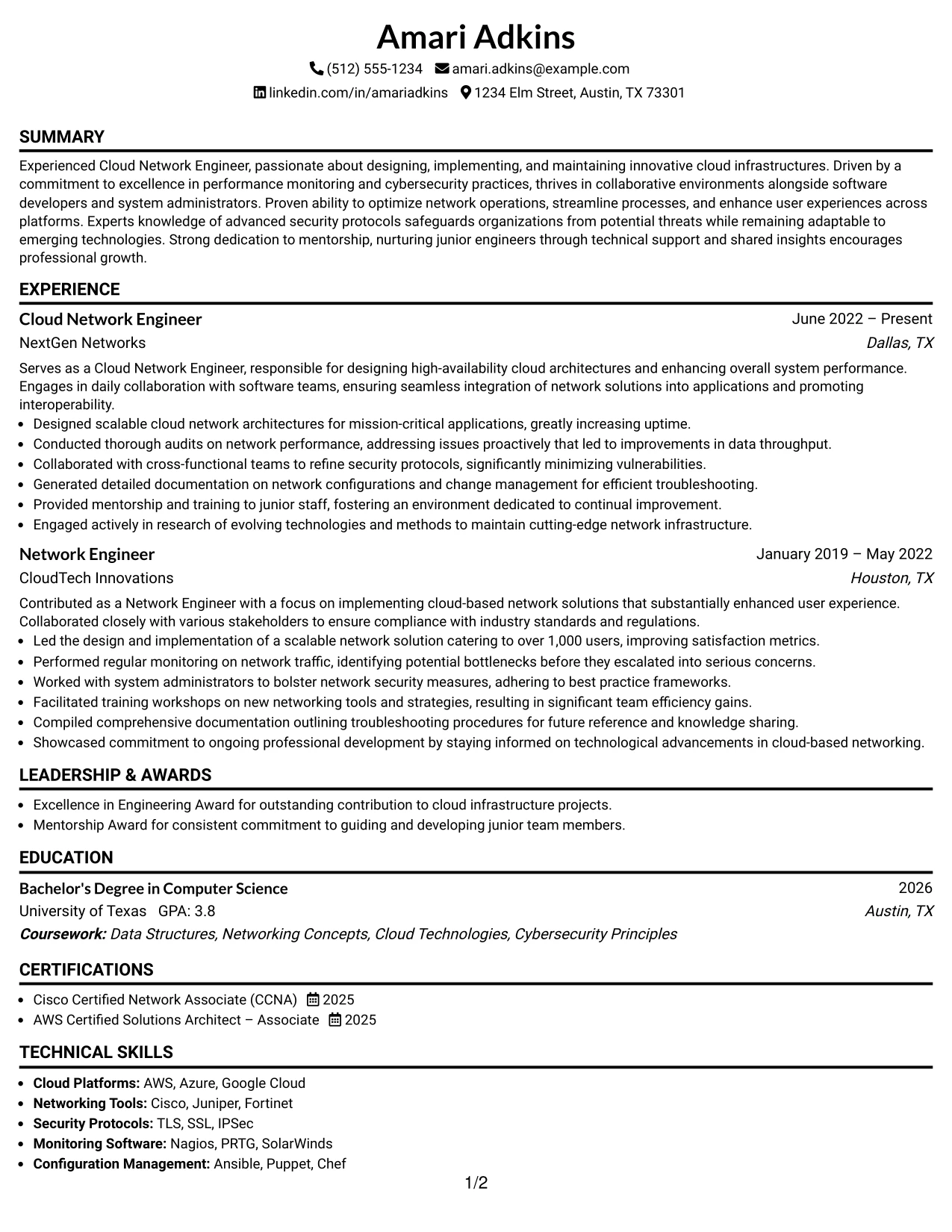 Resume Example Page 1