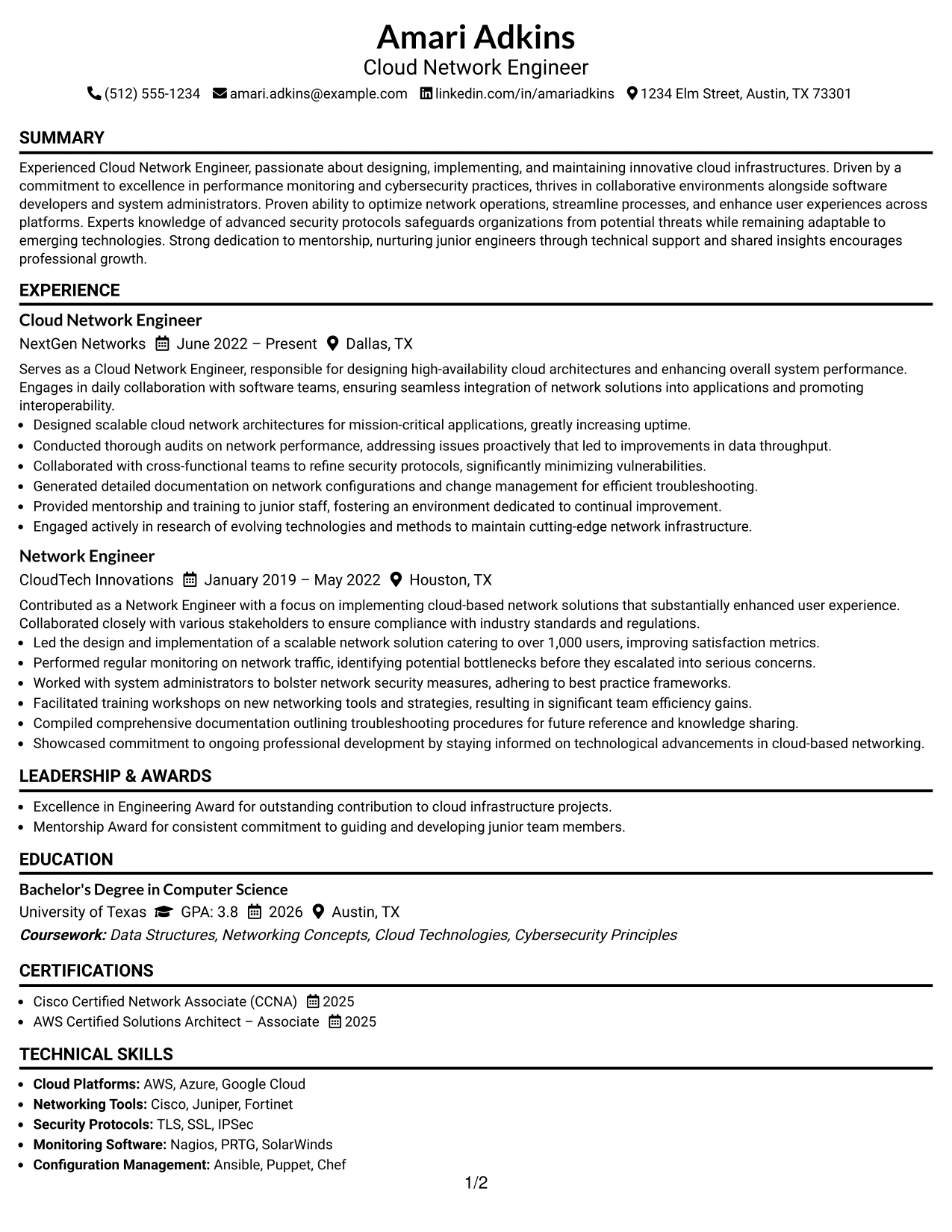 Resume Example Page 1