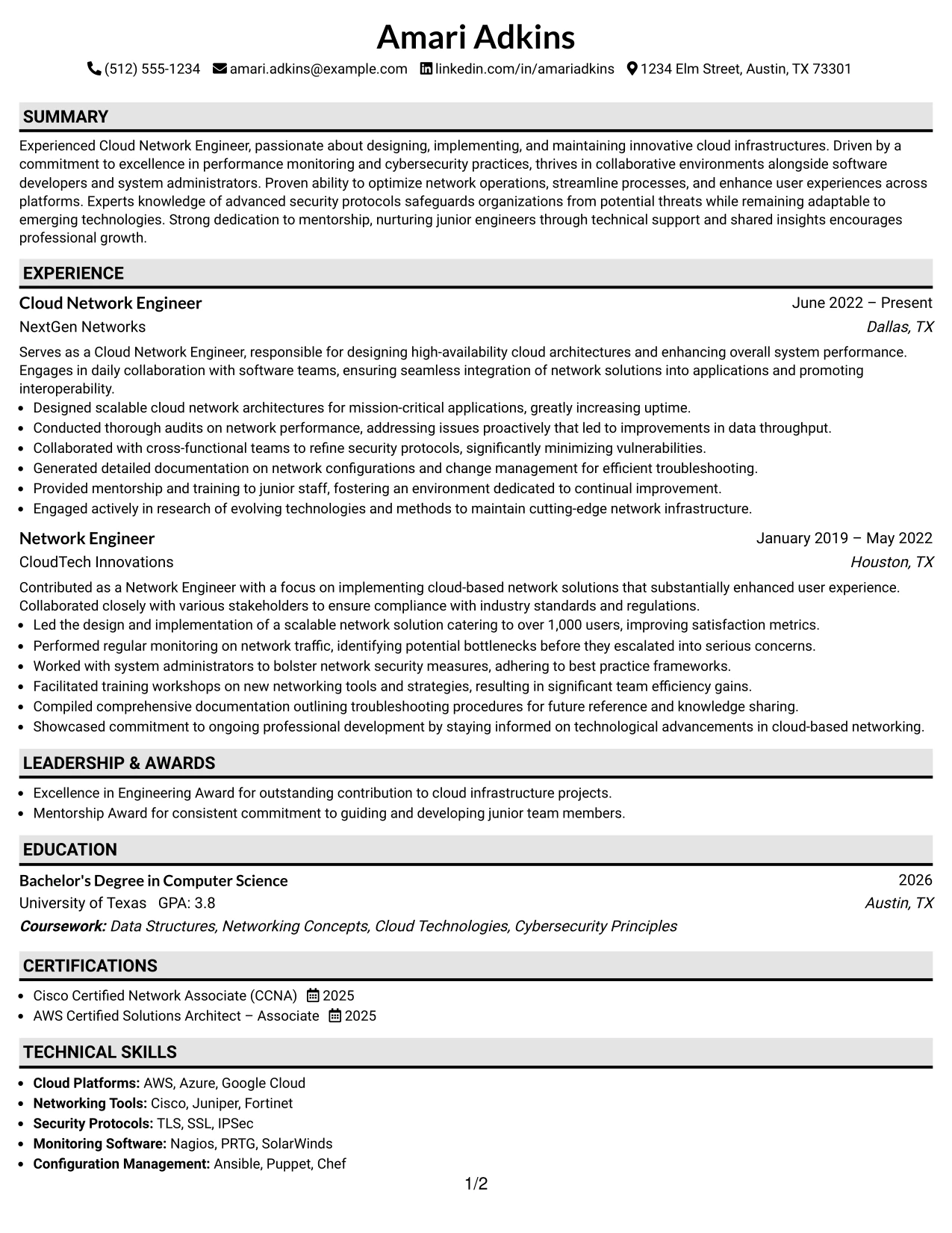 Resume Example Page 1