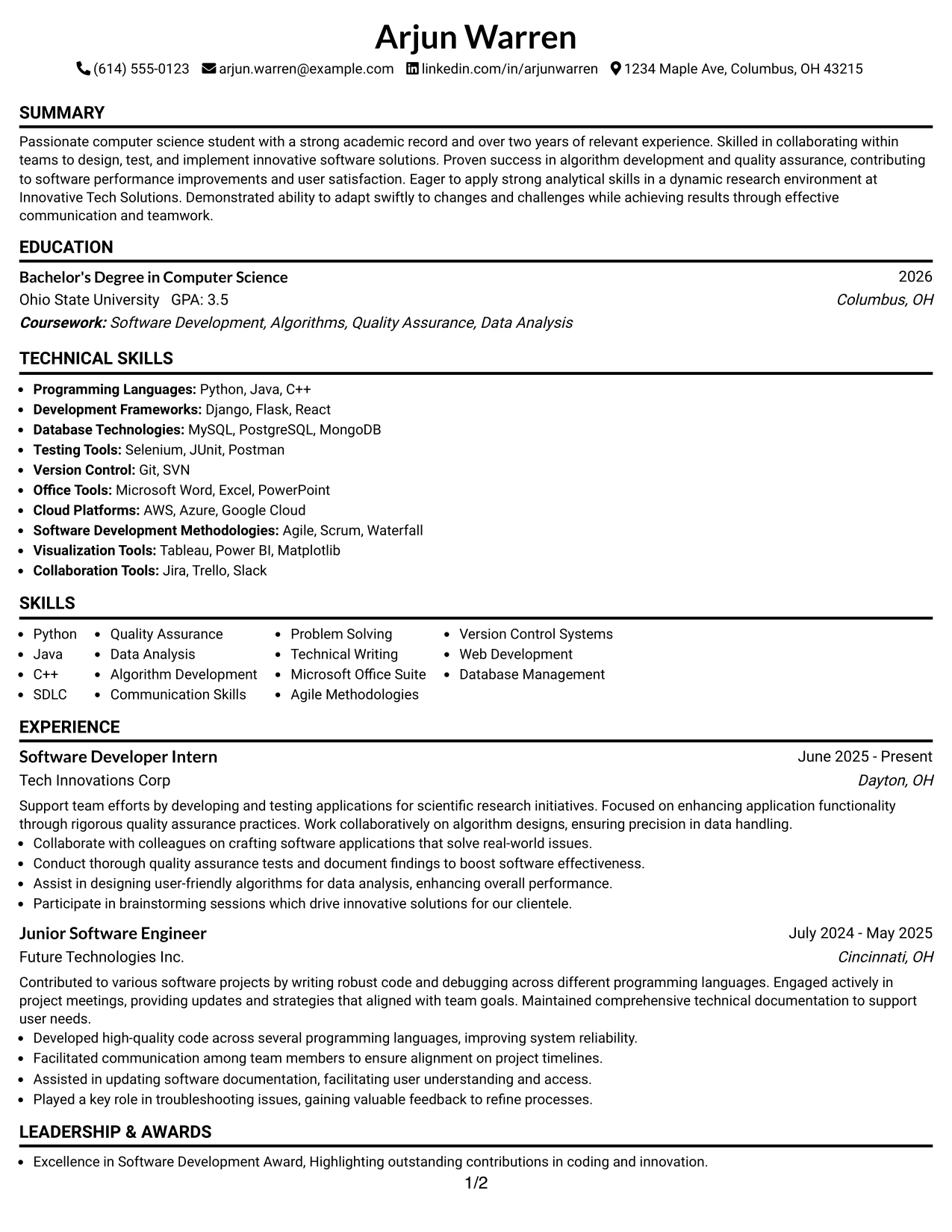 Resume Example Page 1