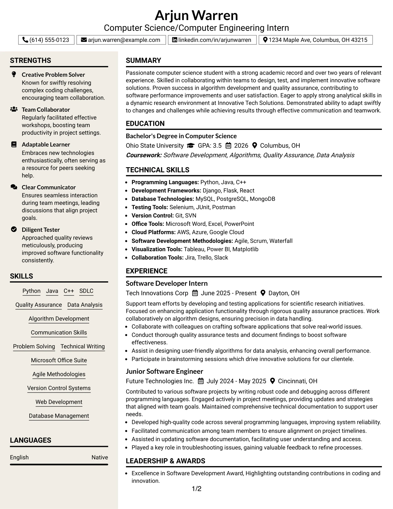 Resume Example Page 1