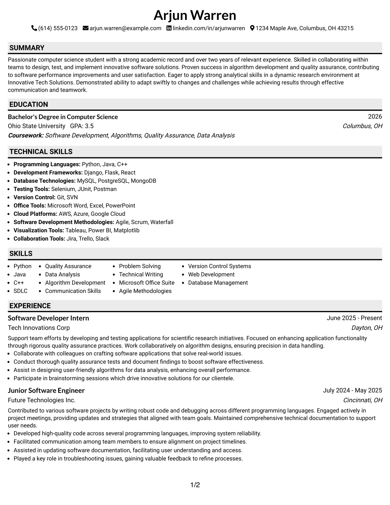 Resume Example Page 1