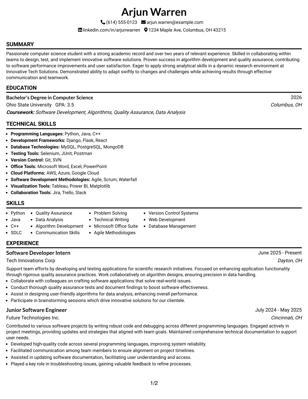 Resume Example Page 1