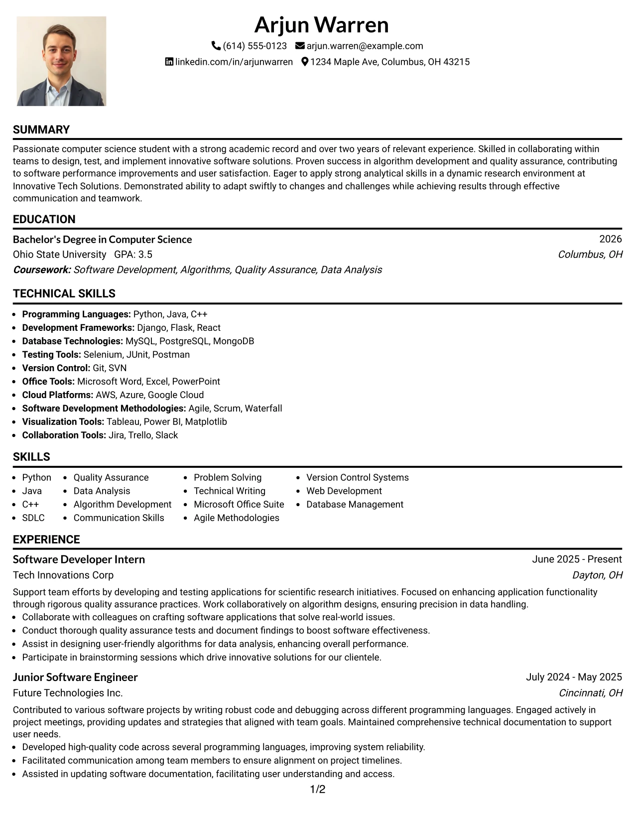 Resume Example Page 1