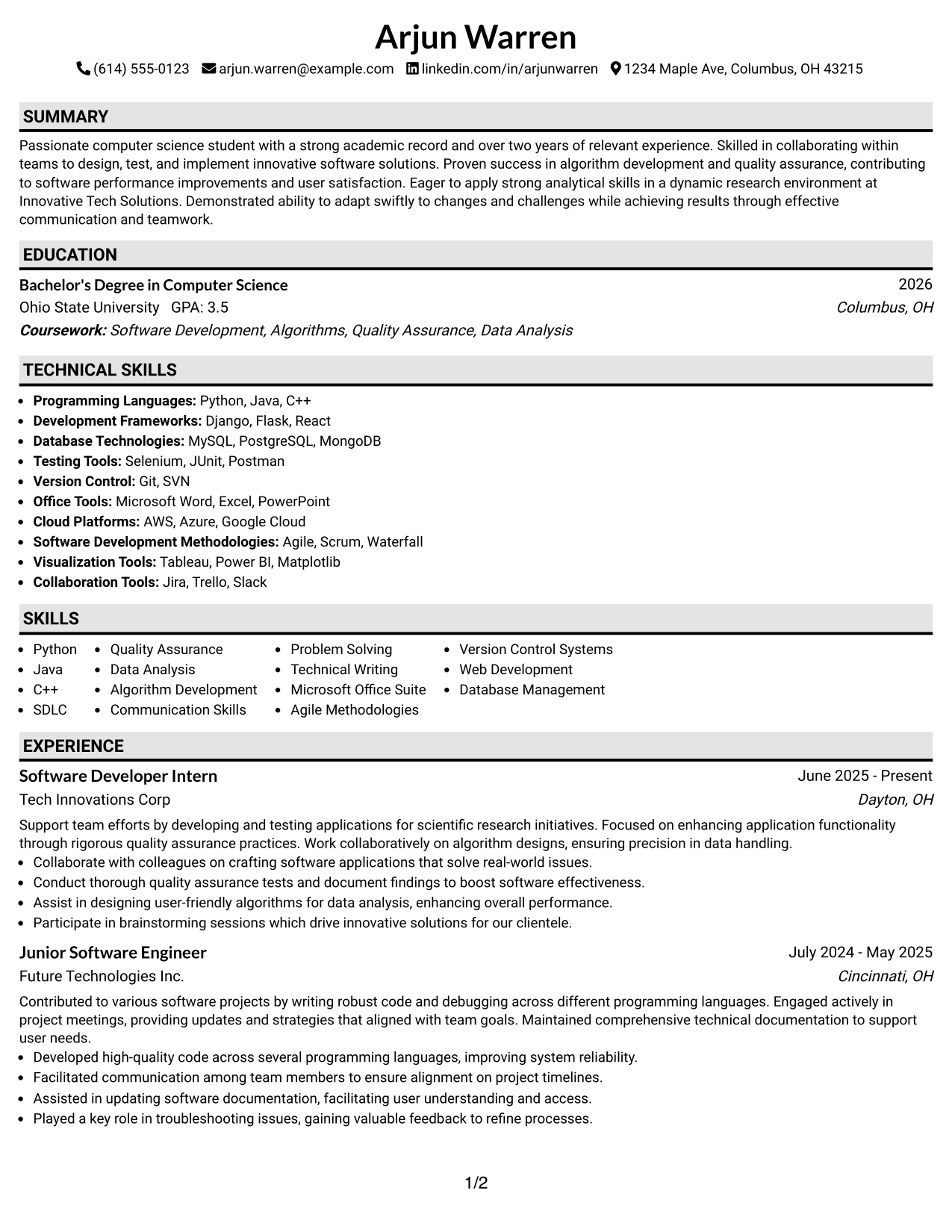 Resume Example Page 1