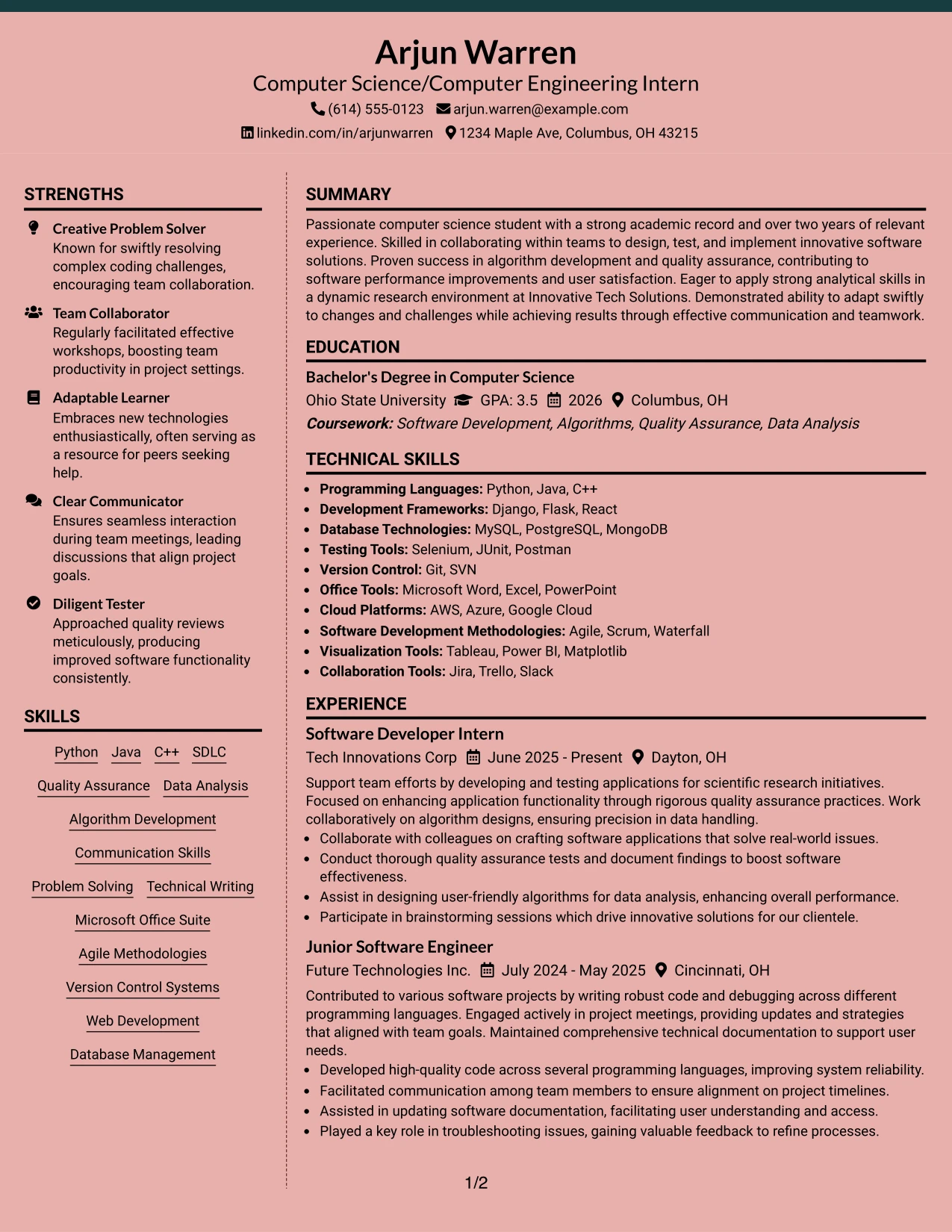 Resume Example Page 1