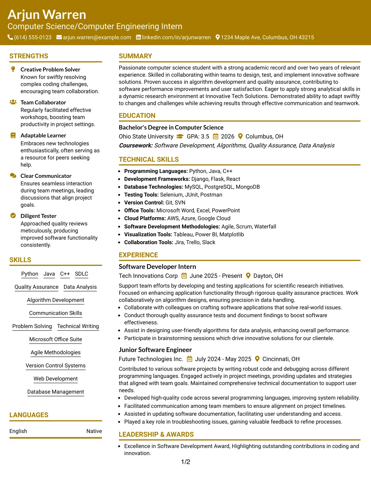 Resume Example Page 1