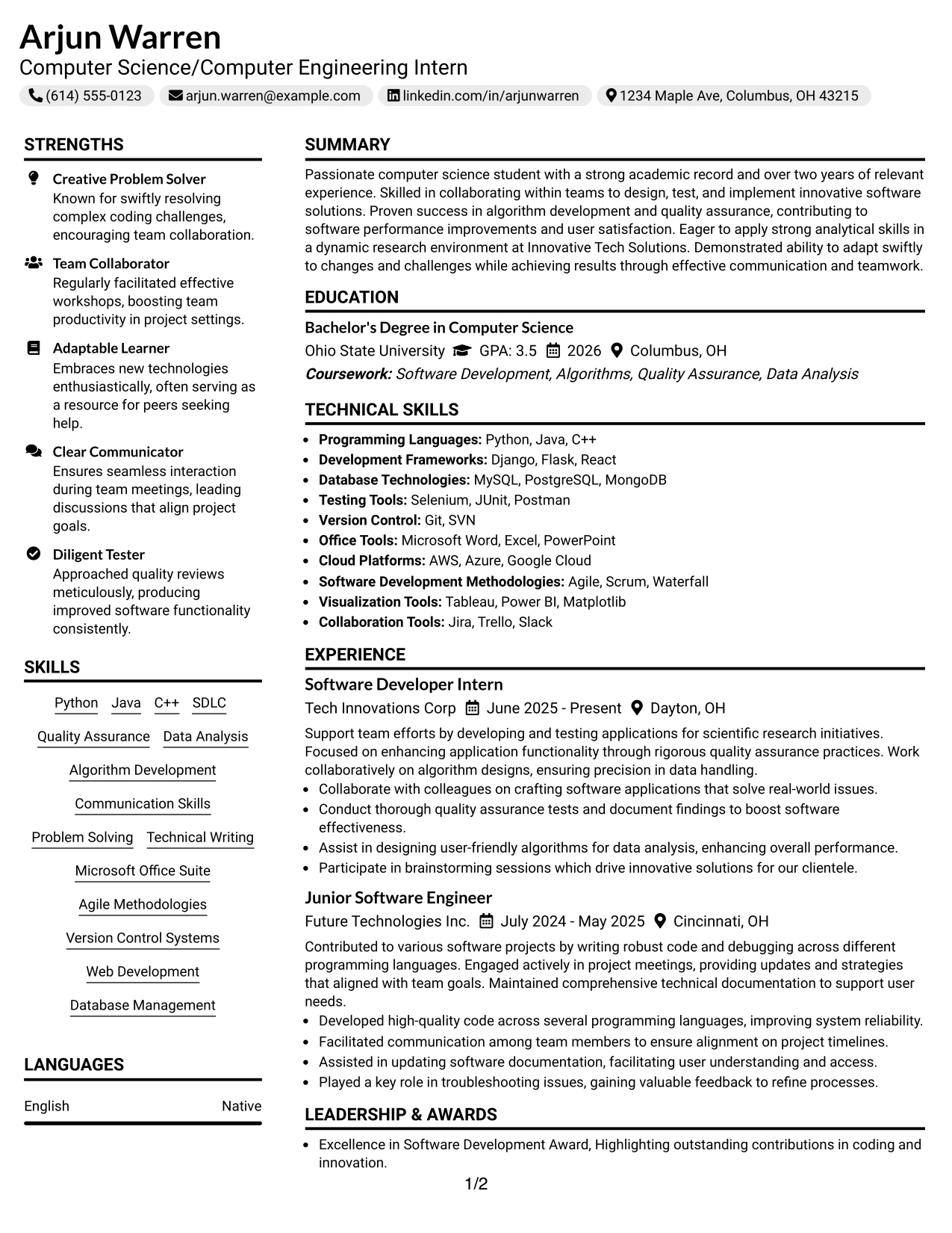 Resume Example Page 1