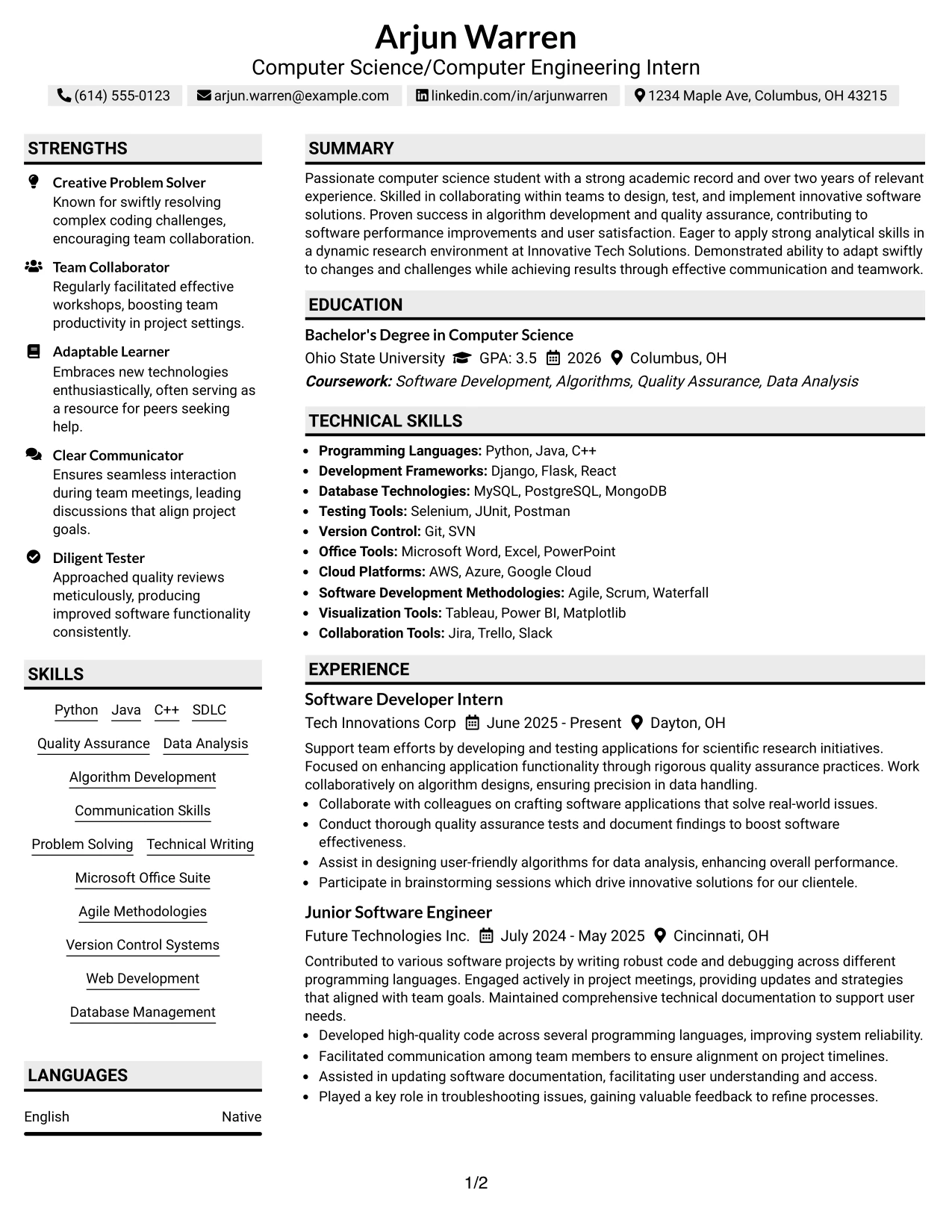 Resume Example Page 1