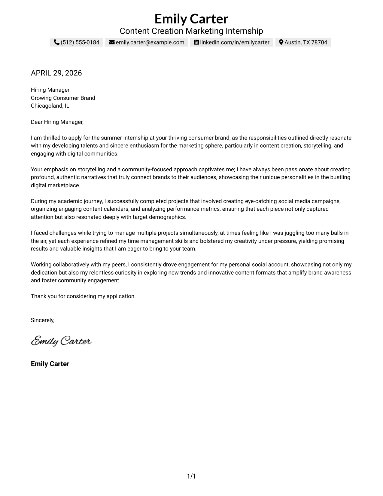 Content Creation Marketing Internship Cover Letter Example