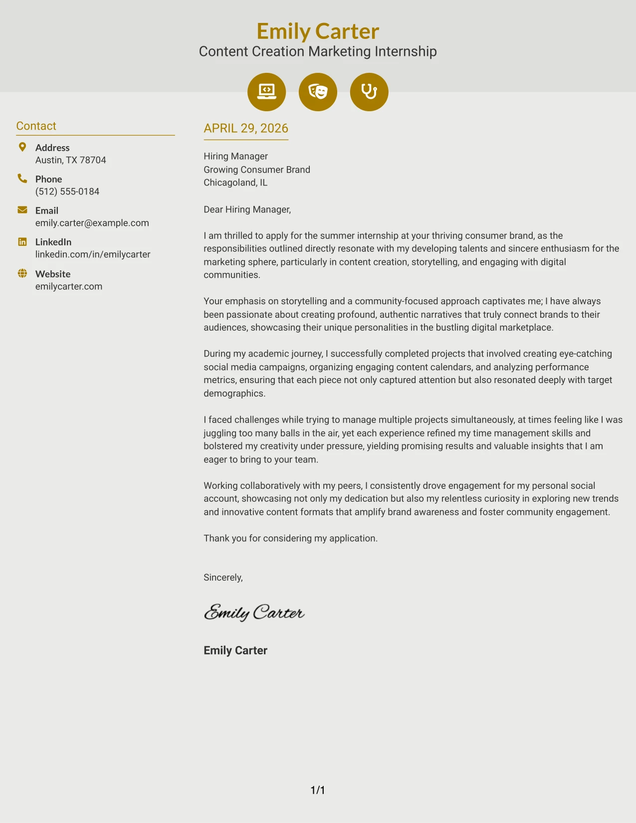 Content Creation Marketing Internship Cover Letter Example Modern Icon Format