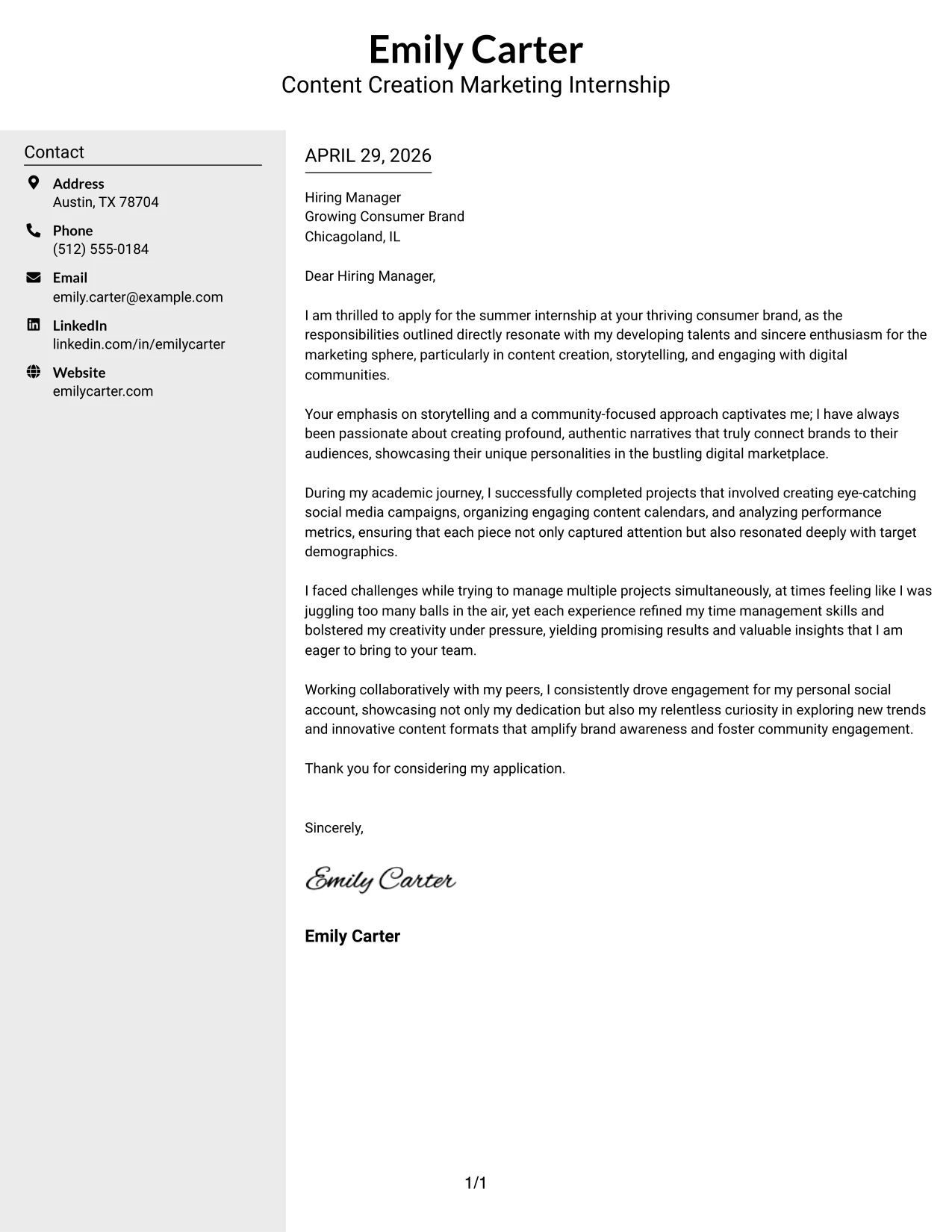 Content Creation Marketing Internship Cover Letter Example Clean Two Column Sidebar Format